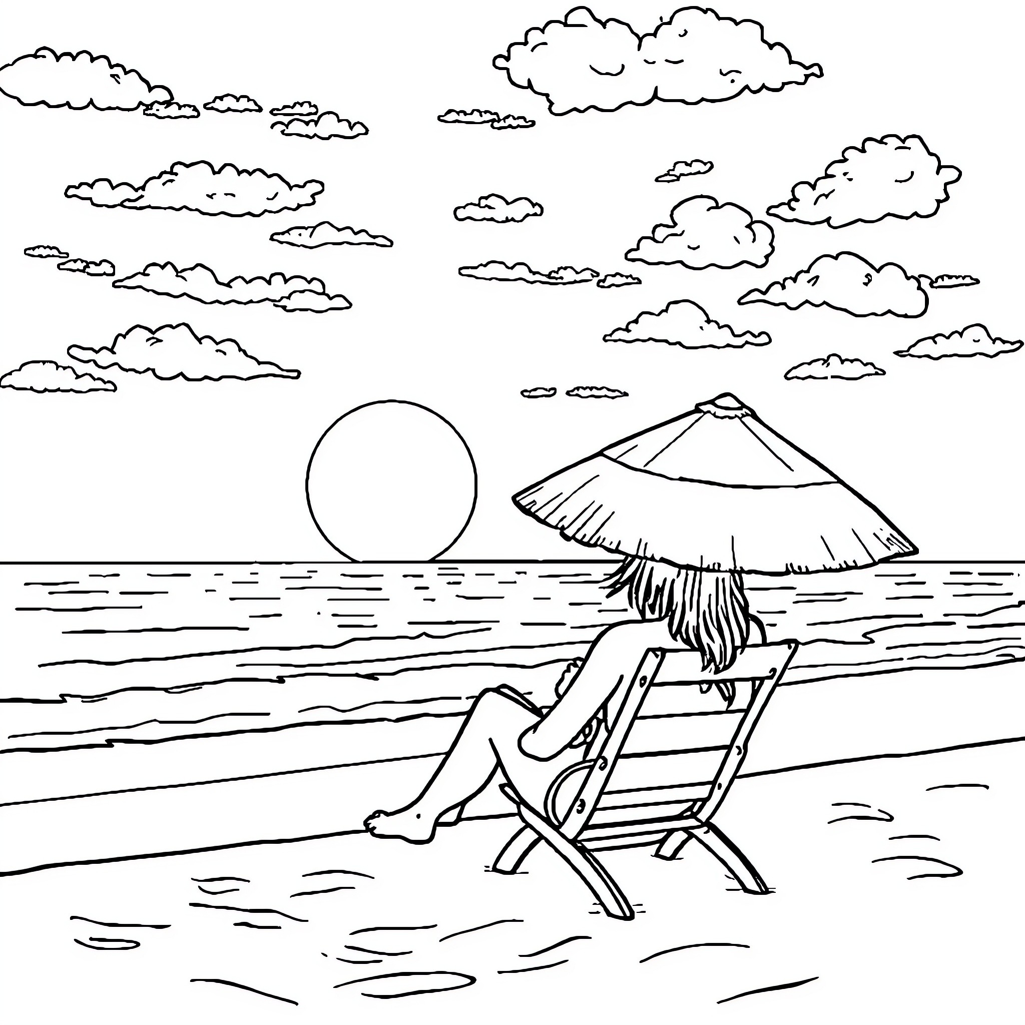 Sunset Relaxation by the Beach Coloring Page (free black-and-white line drawing printable PDF for all, from beginners to advanced learners, including children, teens, adults, and seniors)