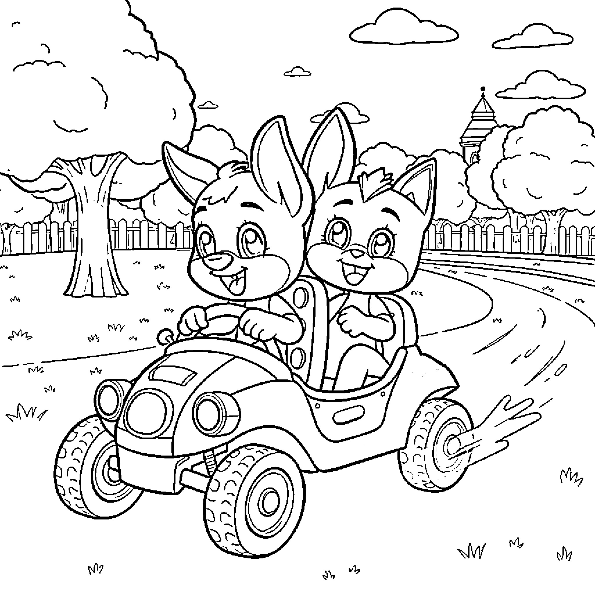 Bluey and Bingo's joyful ride in a colorful toy car Coloring Page (free black-and-white line drawing printable PDF for all, from beginners to advanced learners, including children, teens, adults, and seniors)