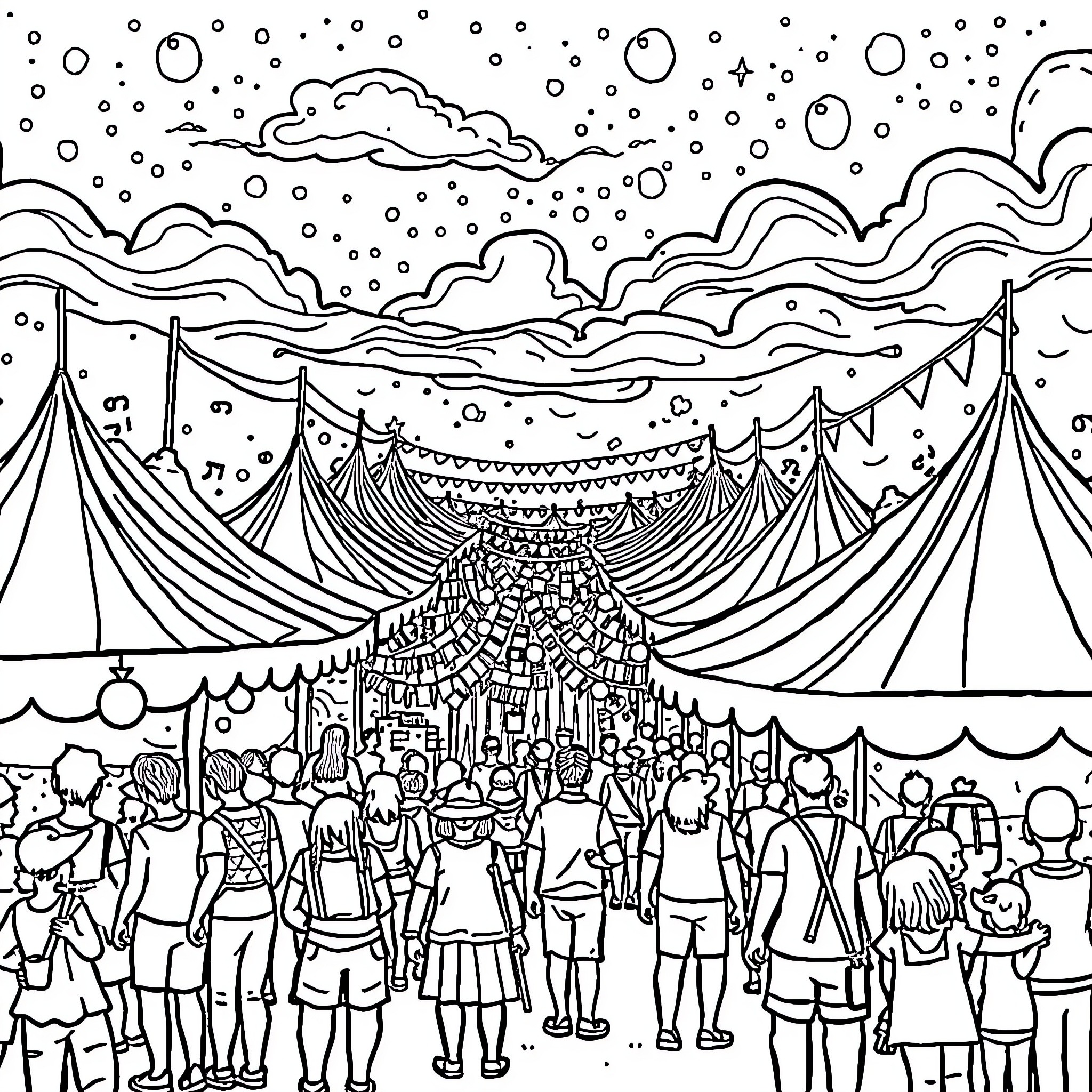 Fair Celebration of Vibrant Community and Festive Atmosphere Coloring Page (free black-and-white line drawing printable PDF for all, from beginners to advanced learners, including children, teens, adults, and seniors)