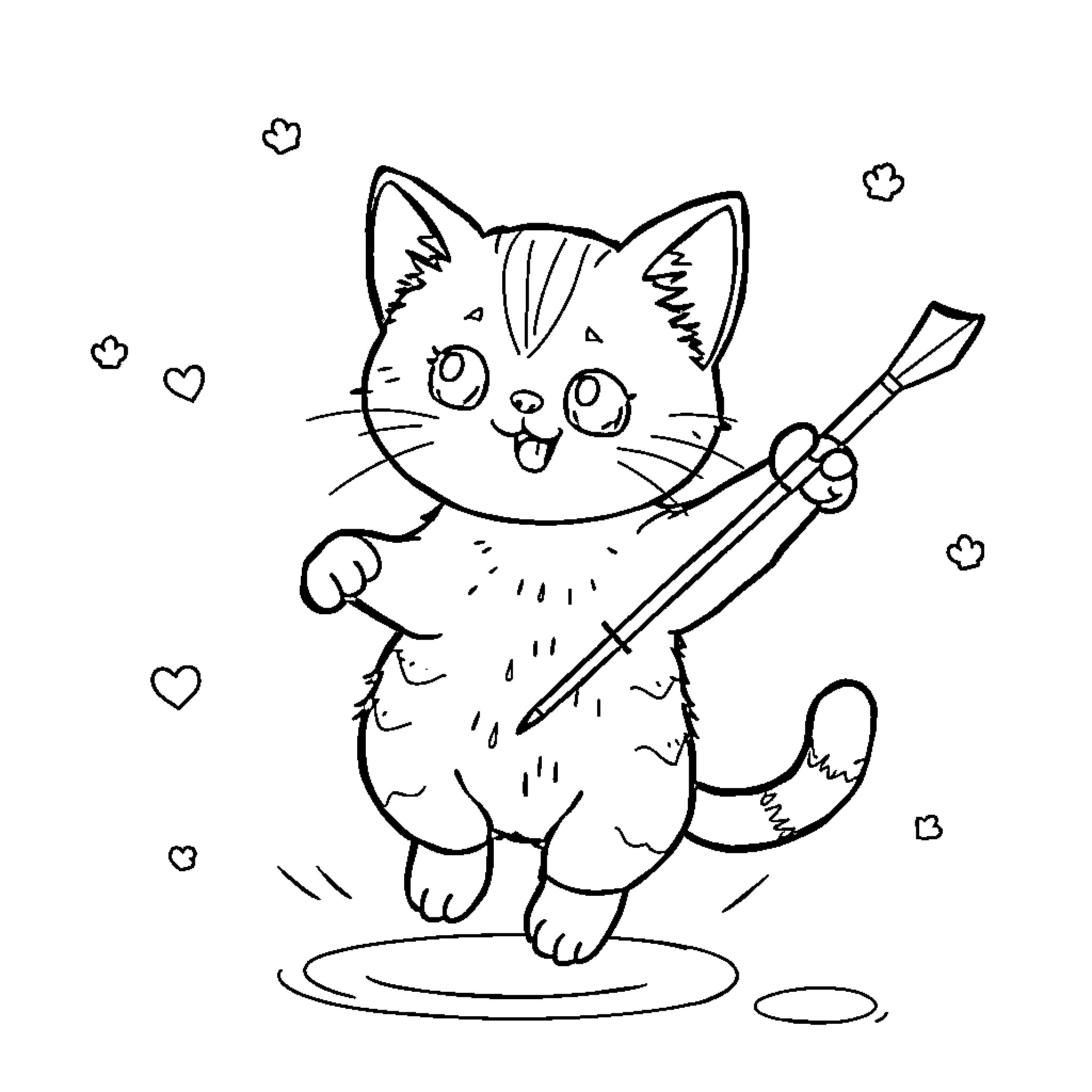 Kawaii Cat Playing with Paintbrush Coloring Page (free black-and-white line drawing printable PDF for all, from beginners to advanced learners, including children, teens, adults, and seniors)
