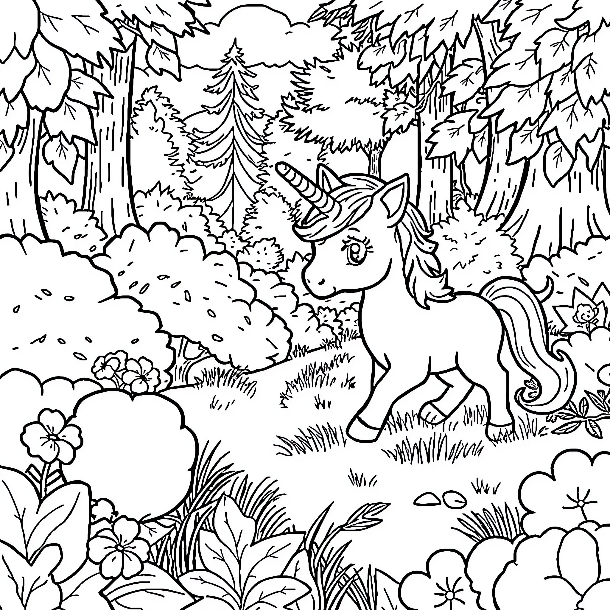 Unicorn exploring the enchanted forest Coloring Page (free black-and-white line drawing printable PDF for all, from beginners to advanced learners, including children, teens, adults, and seniors)