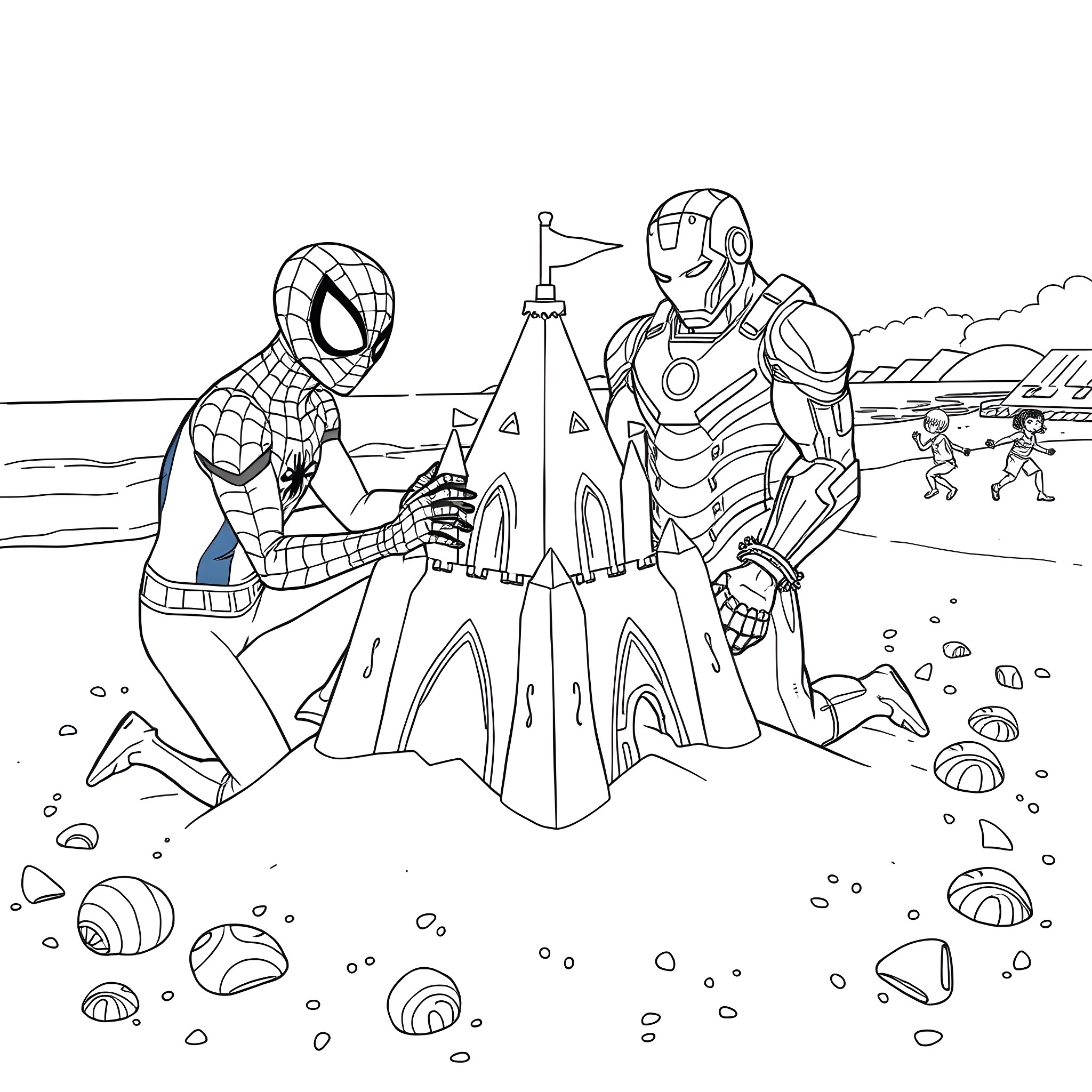 Spider-Man and Iron Man Build a Sandcastle Coloring Page (free black-and-white line drawing printable PDF for all, from beginners to advanced learners, including children, teens, adults, and seniors)