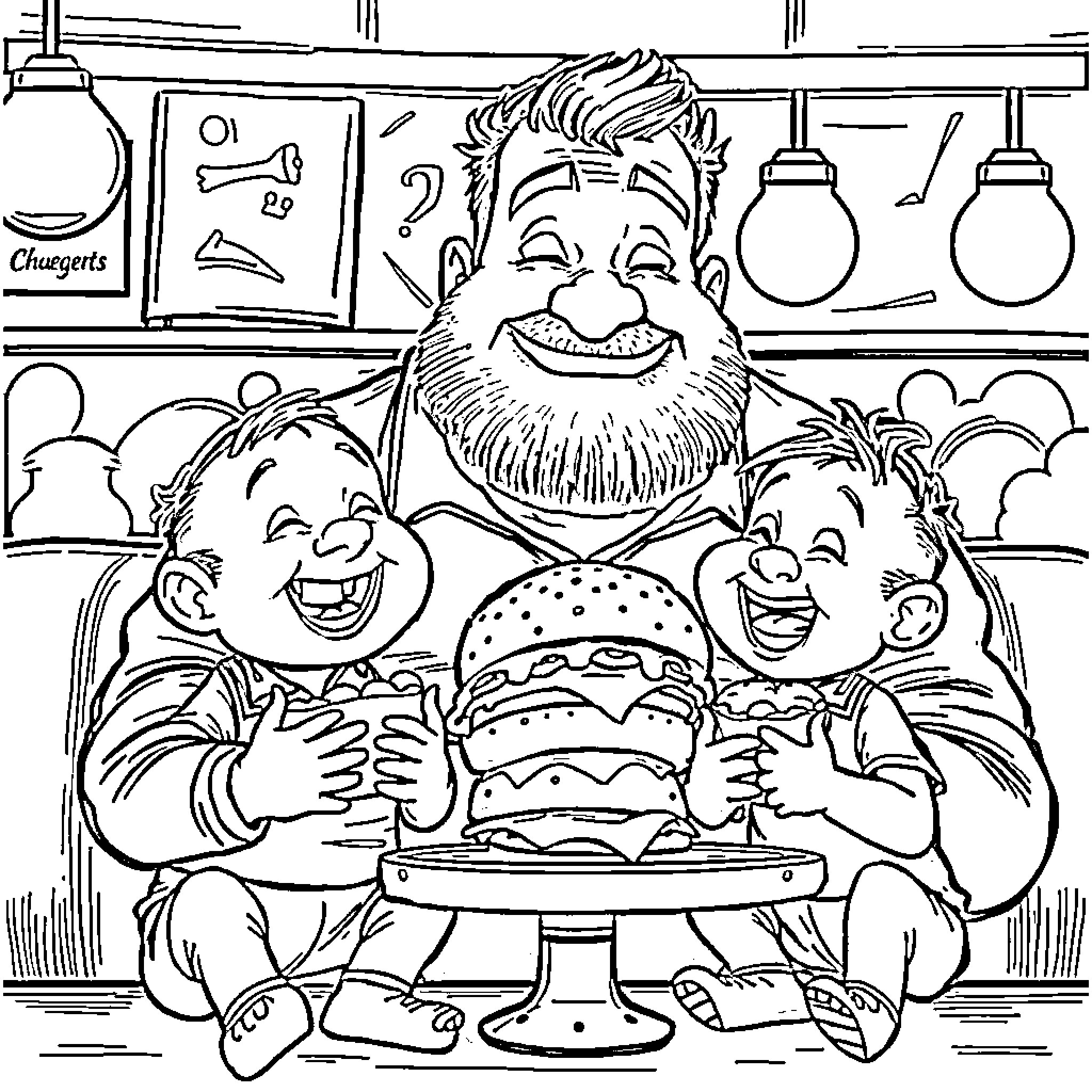 Burger Enthusiasts Enjoying Their Meal Coloring Page (free black-and-white line drawing printable PDF for all, from beginners to advanced learners, including children, teens, adults, and seniors)