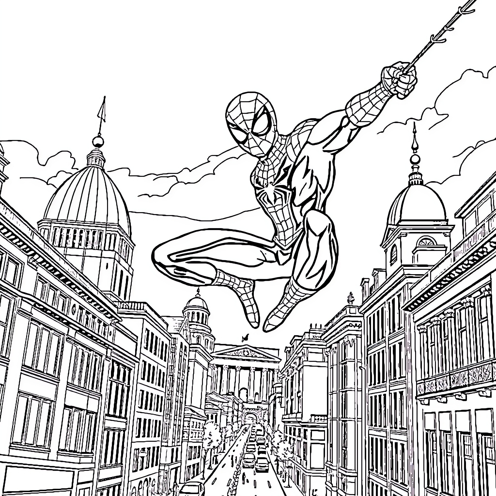 Spiderman swinging through the city with heroic pose Coloring Page (free black-and-white line drawing printable PDF for all, from beginners to advanced learners, including children, teens, adults, and seniors)