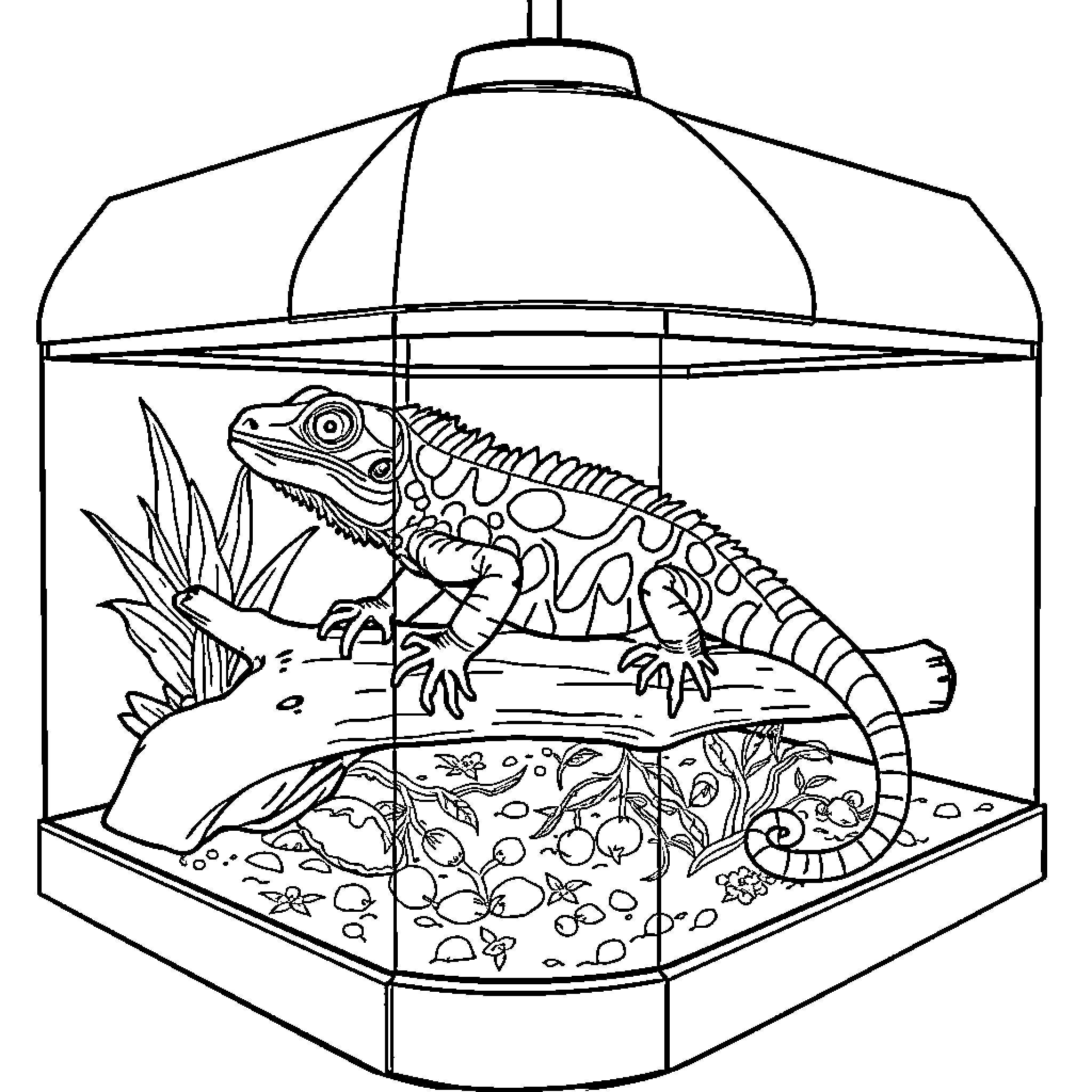 Lizard relaxing in its terrarium habitat Coloring Page (free black-and-white line drawing printable PDF for all, from beginners to advanced learners, including children, teens, adults, and seniors)