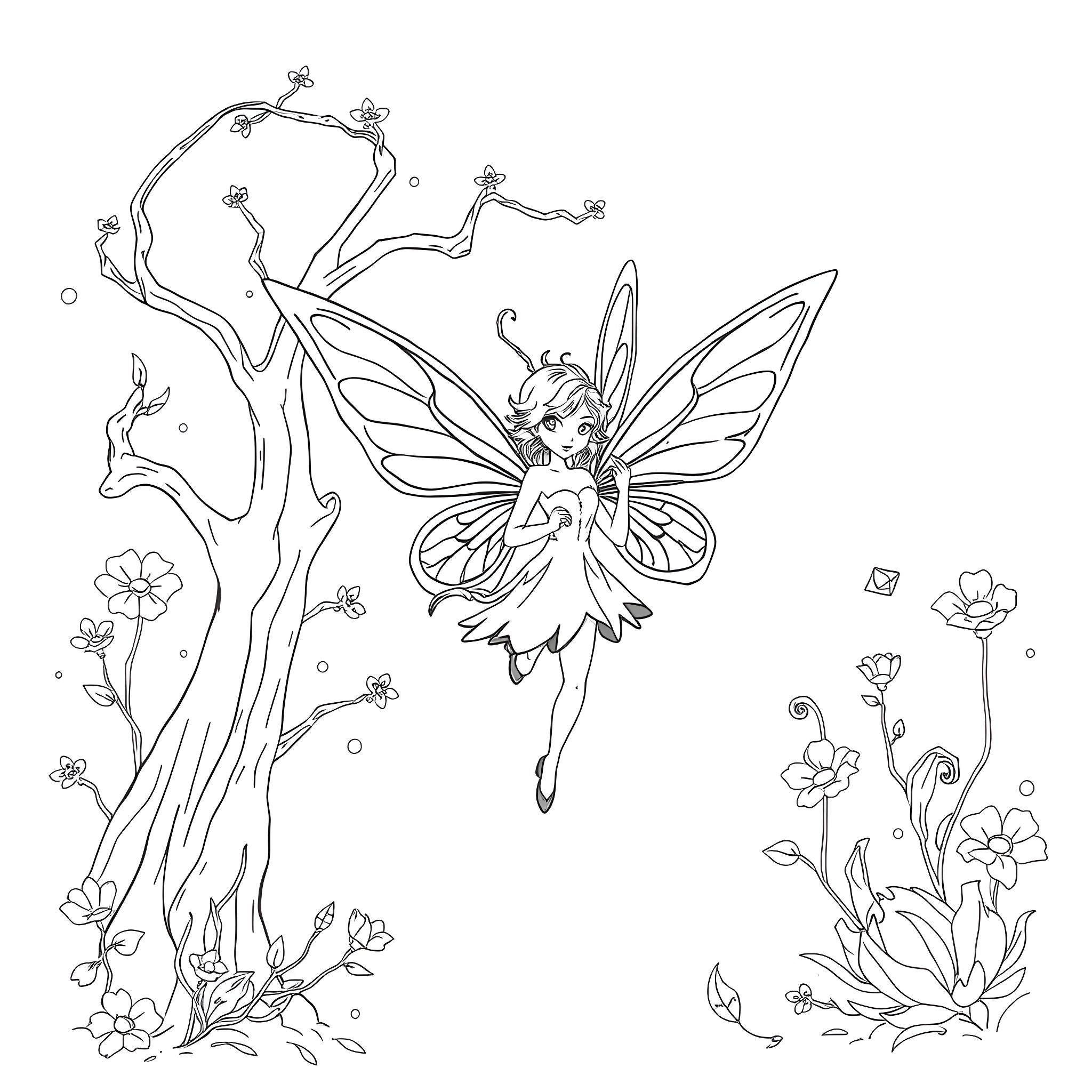 Fairy Fluttering Gracefully Amidst Enchanted Nature Coloring Page (free black-and-white line drawing printable PDF for all, from beginners to advanced learners, including children, teens, adults, and seniors)