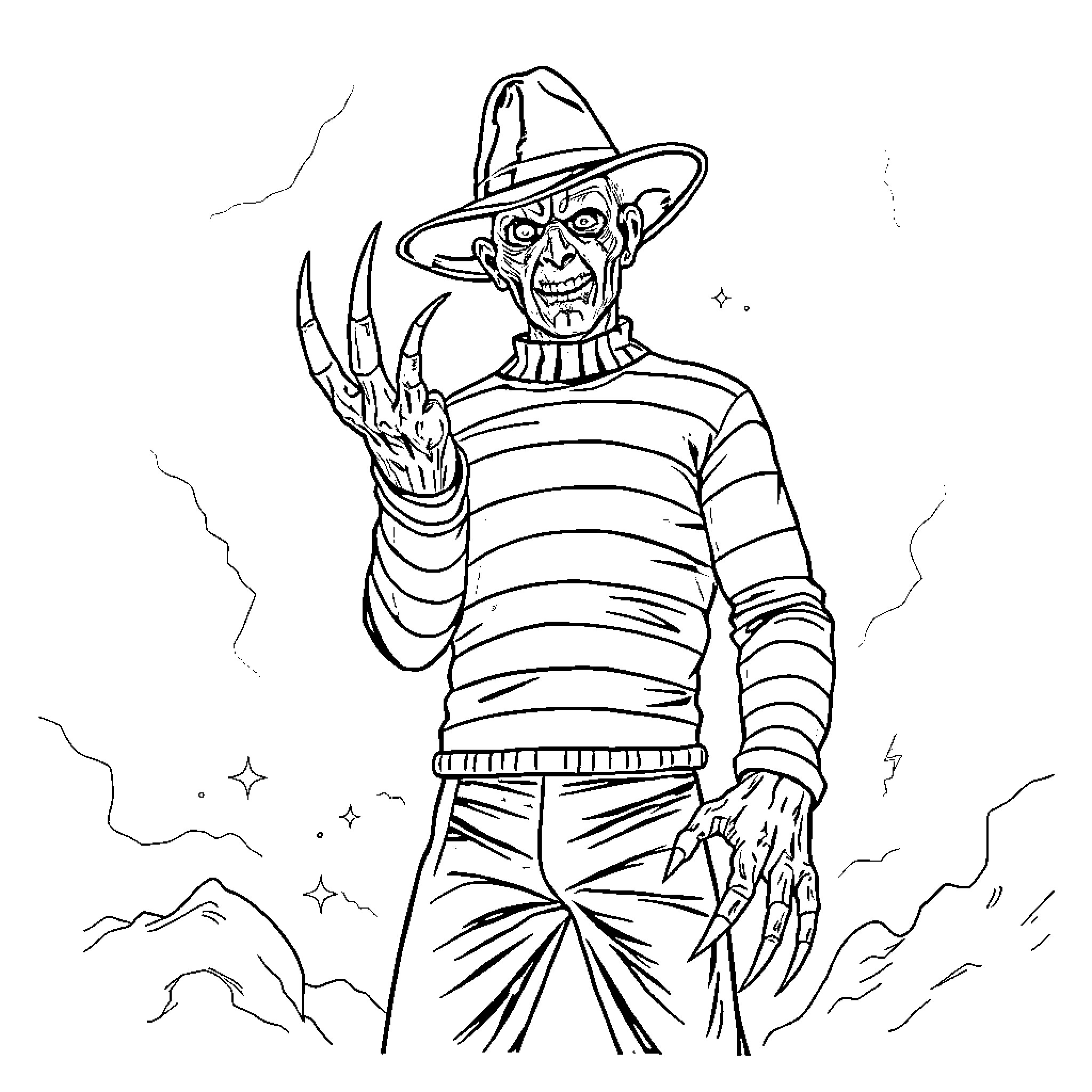 Freddy Kruger - Iconic Horror Villain in Striped Outfit Coloring Page (free black-and-white line drawing printable PDF for all, from beginners to advanced learners, including children, teens, adults, and seniors)