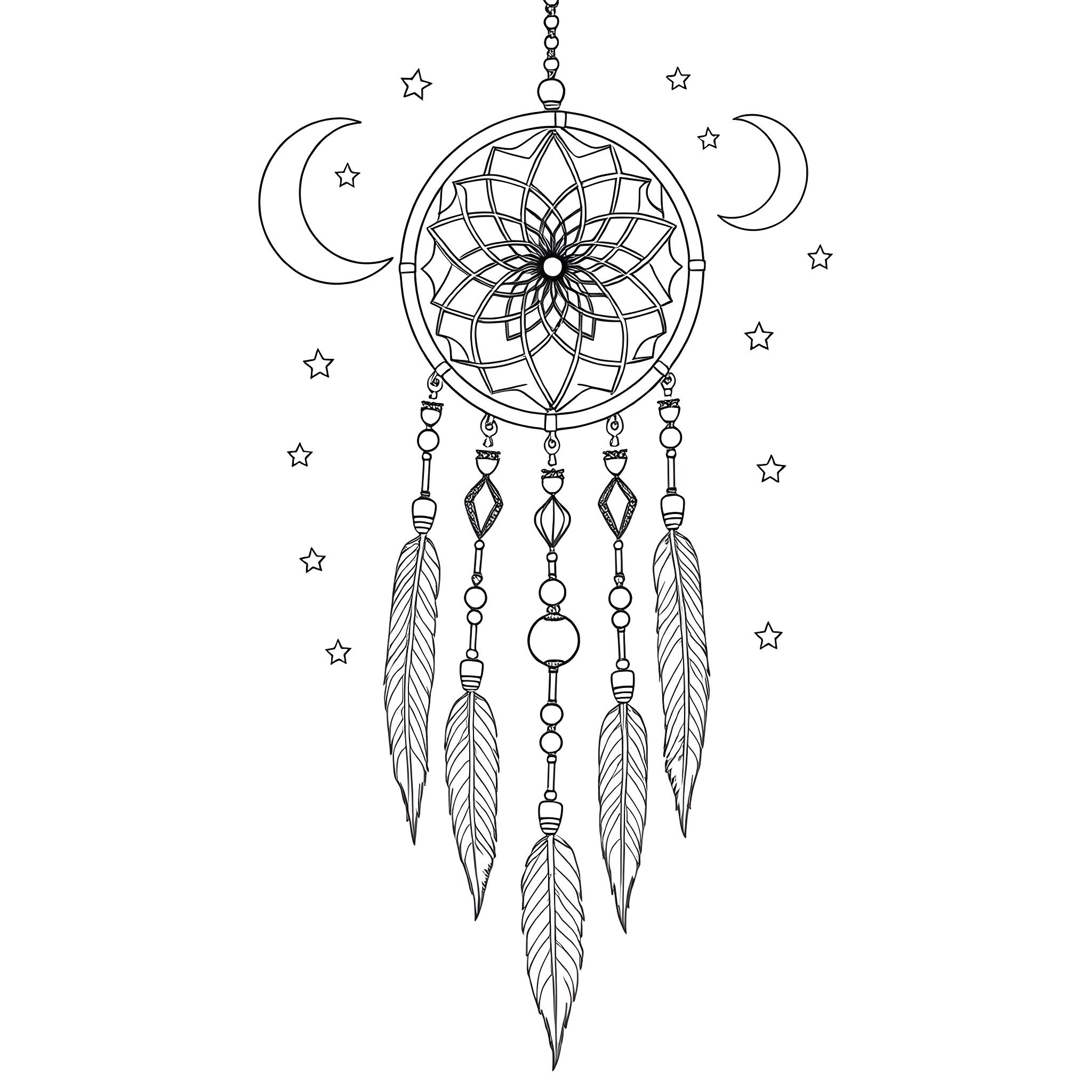 Dream Catcher with Moons, Stars, and Feathers Coloring Page (free black-and-white line drawing printable PDF for all, from beginners to advanced learners, including children, teens, adults, and seniors)