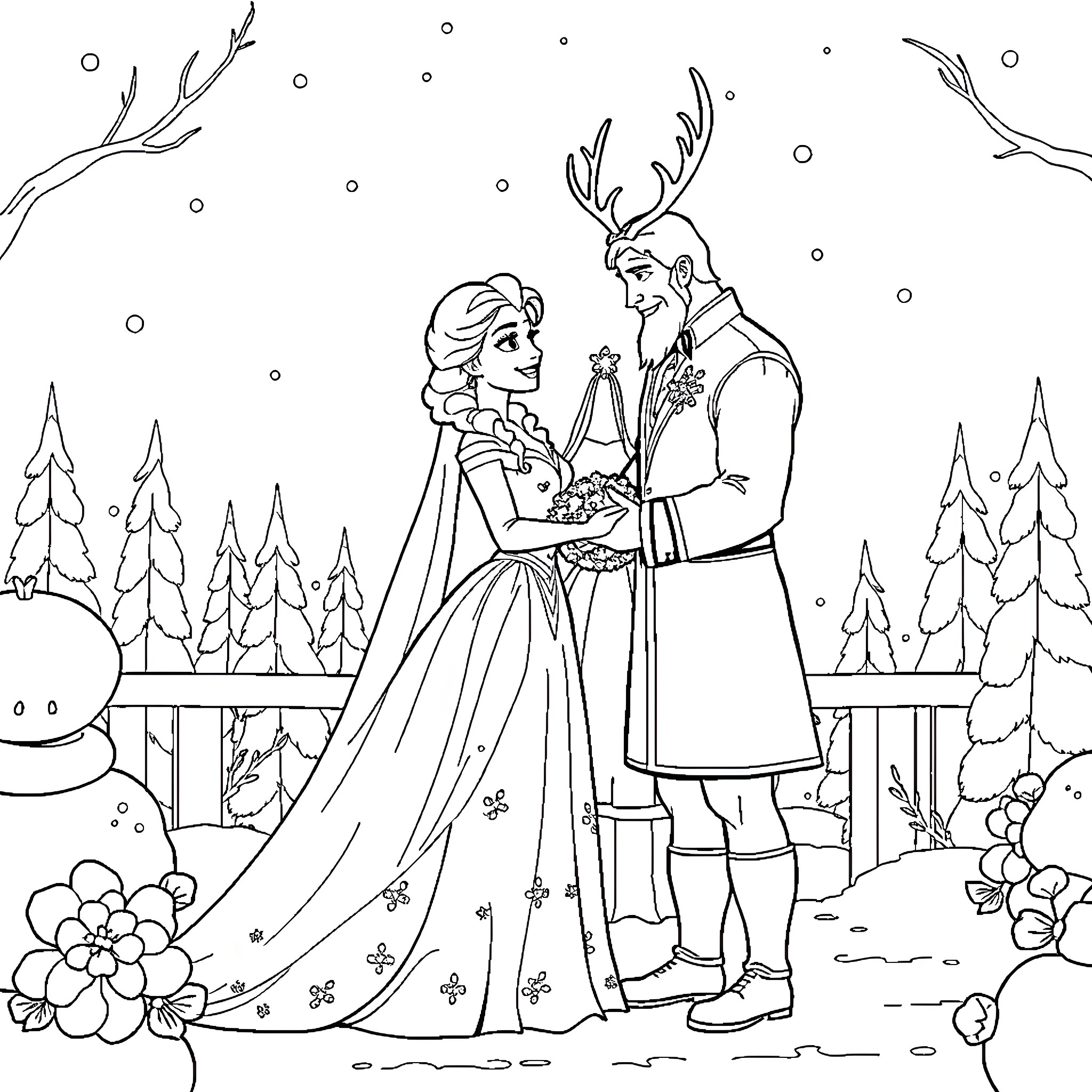 Elsa and the Antlered Suitor in Winter Wonderland Coloring Page (free black-and-white line drawing printable PDF for all, from beginners to advanced learners, including children, teens, adults, and seniors)