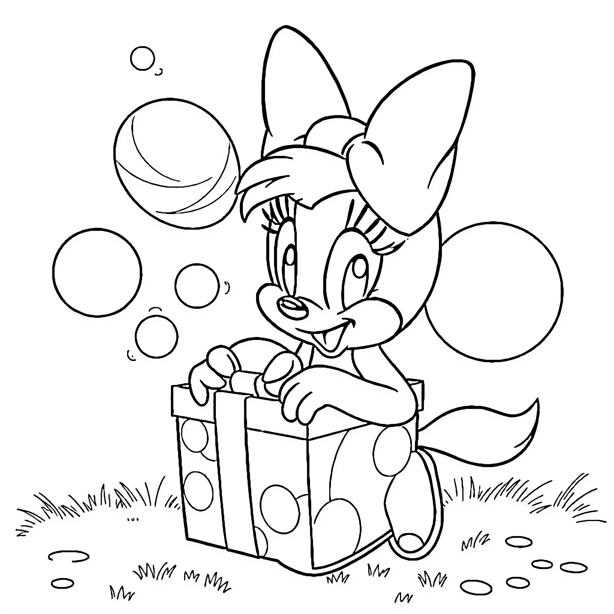 Daisy Playing Cheerfully with Bubbles and Gift Coloring Page (free black-and-white line drawing printable PDF for all, from beginners to advanced learners, including children, teens, adults, and seniors)