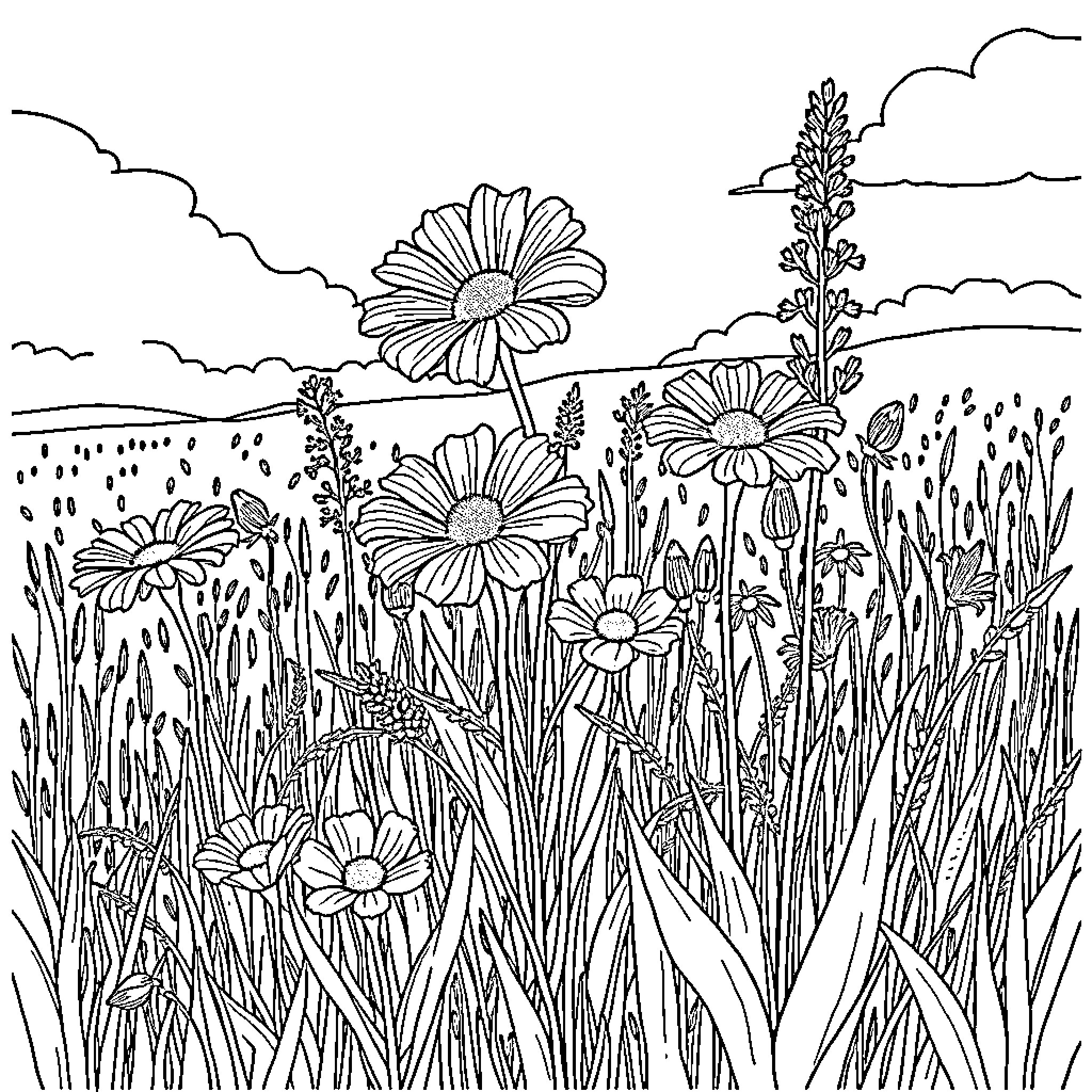 Wildflower meadow with blooming flora Coloring Page (free black-and-white line drawing printable PDF for all, from beginners to advanced learners, including children, teens, adults, and seniors)