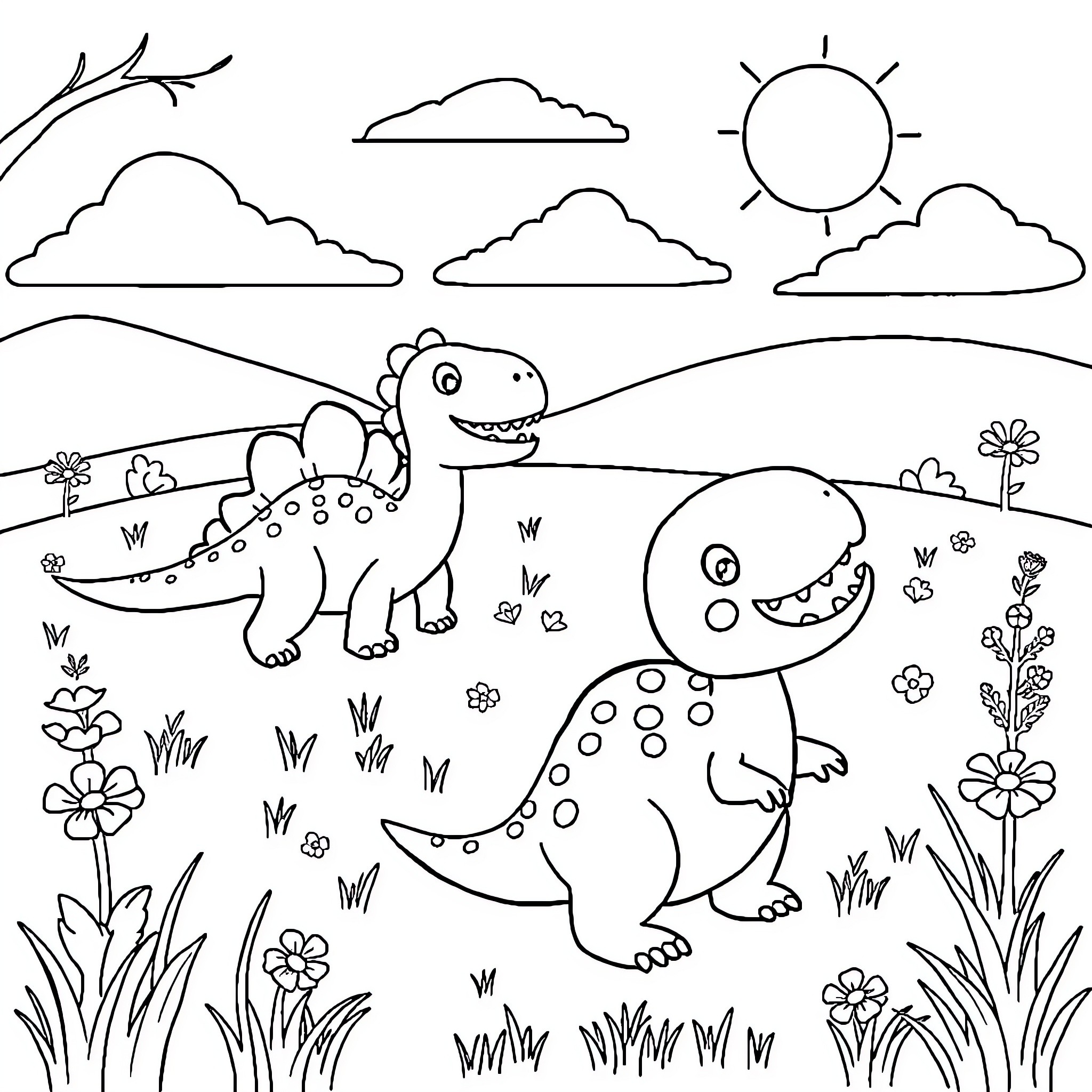 Dinosaurs playing happily in a scenic landscape Coloring Page (free black-and-white line drawing printable PDF for all, from beginners to advanced learners, including children, teens, adults, and seniors)