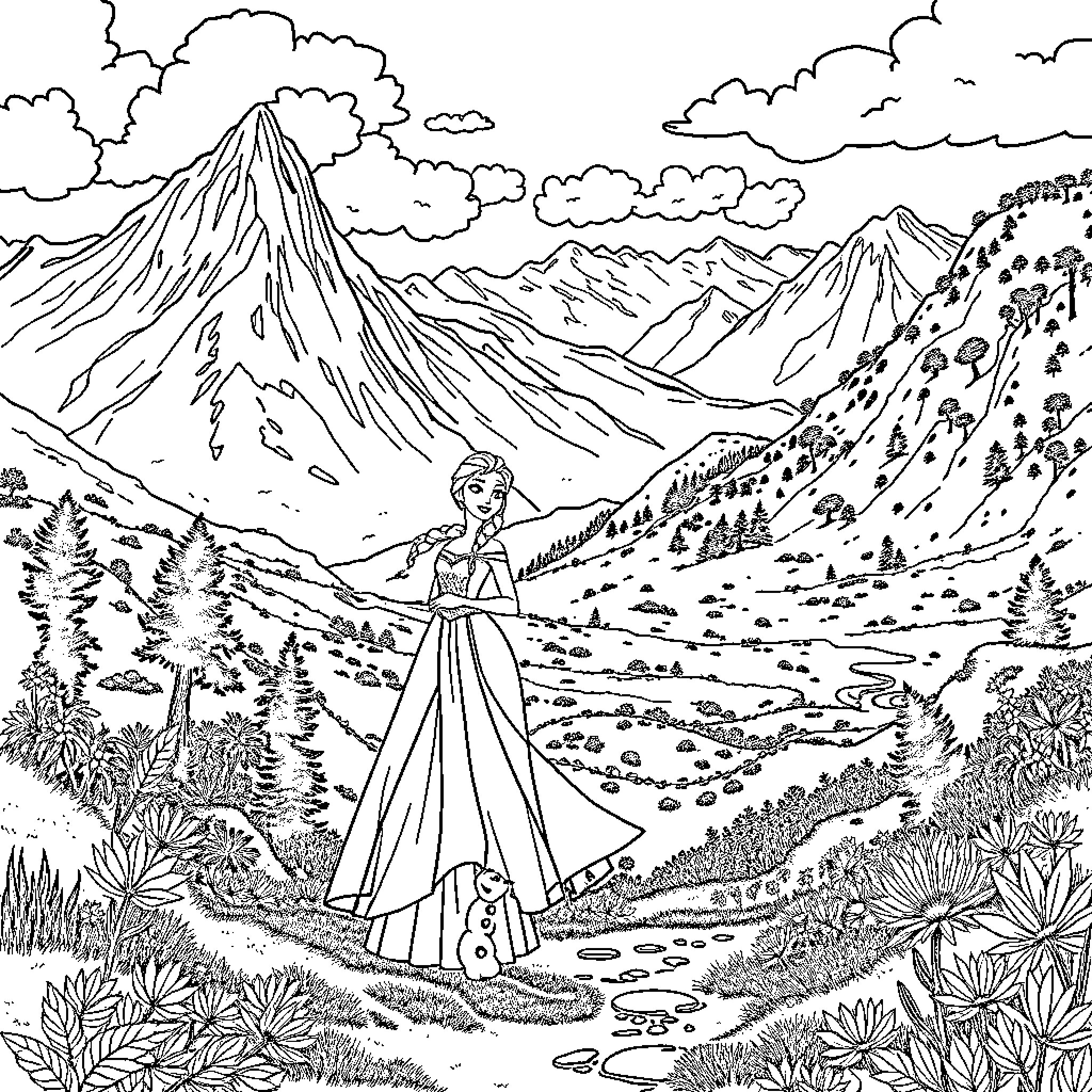 Frozen Adventurer Explores Majestic Mountain Landscape Coloring Page (free black-and-white line drawing printable PDF for all, from beginners to advanced learners, including children, teens, adults, and seniors)