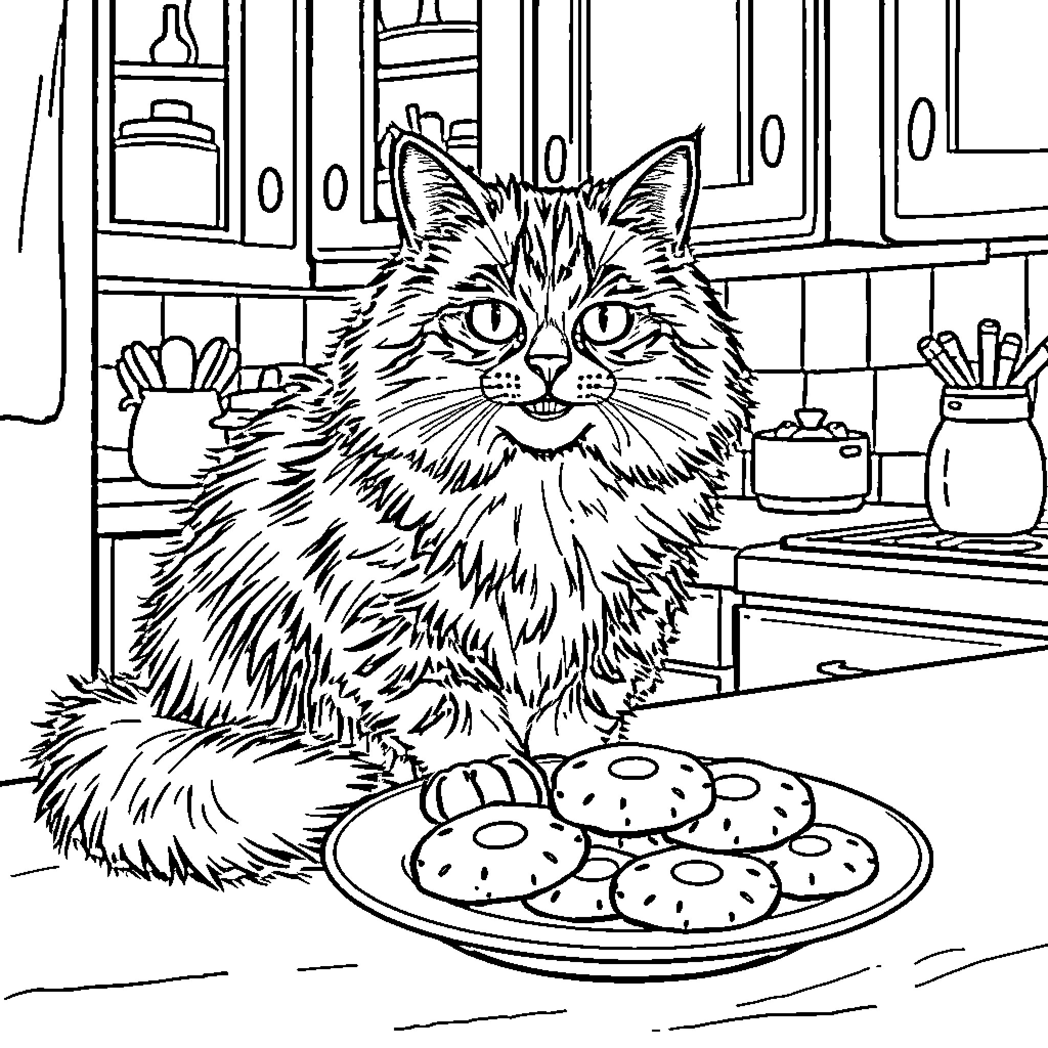 Cat enjoying a tasty treat in the kitchen Coloring Page (free black-and-white line drawing printable PDF for all, from beginners to advanced learners, including children, teens, adults, and seniors)