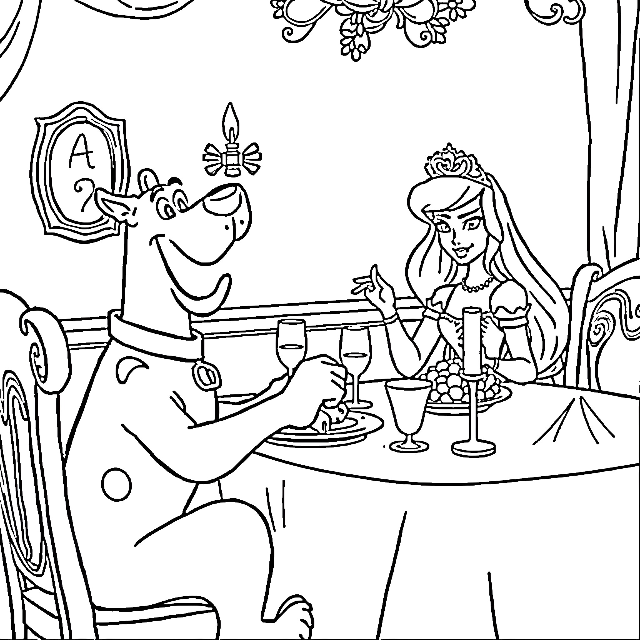Scooby Doo and Friends Enjoying a Fancy Dinner Coloring Page (free black-and-white line drawing printable PDF for all, from beginners to advanced learners, including children, teens, adults, and seniors)