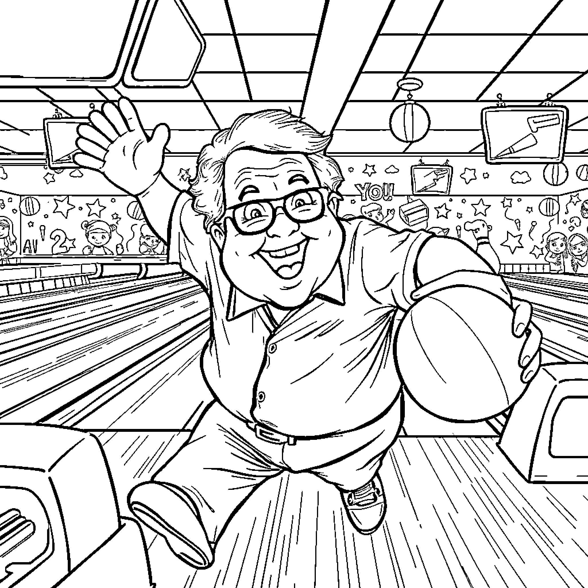 Frank Reynolds excitedly bowling in an arcade setting Coloring Page (free black-and-white line drawing printable PDF for all, from beginners to advanced learners, including children, teens, adults, and seniors)