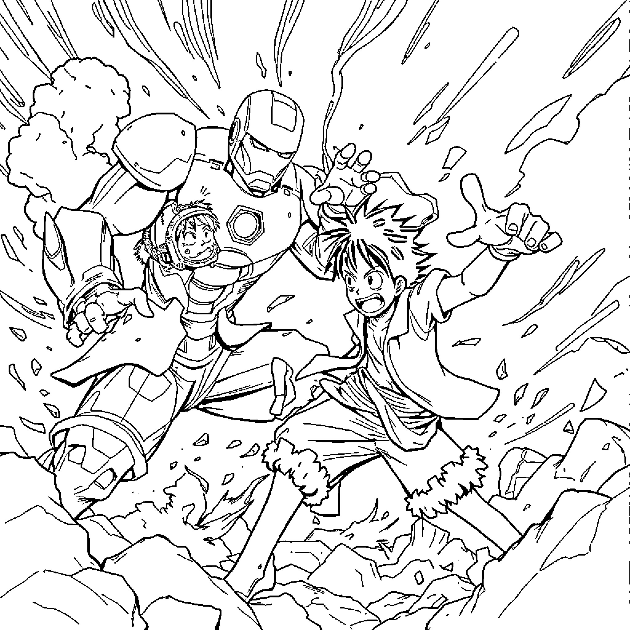 Luffy's Powerful Battle Alongside His Mecha Companion Coloring Page (free black-and-white line drawing printable PDF for all, from beginners to advanced learners, including children, teens, adults, and seniors)