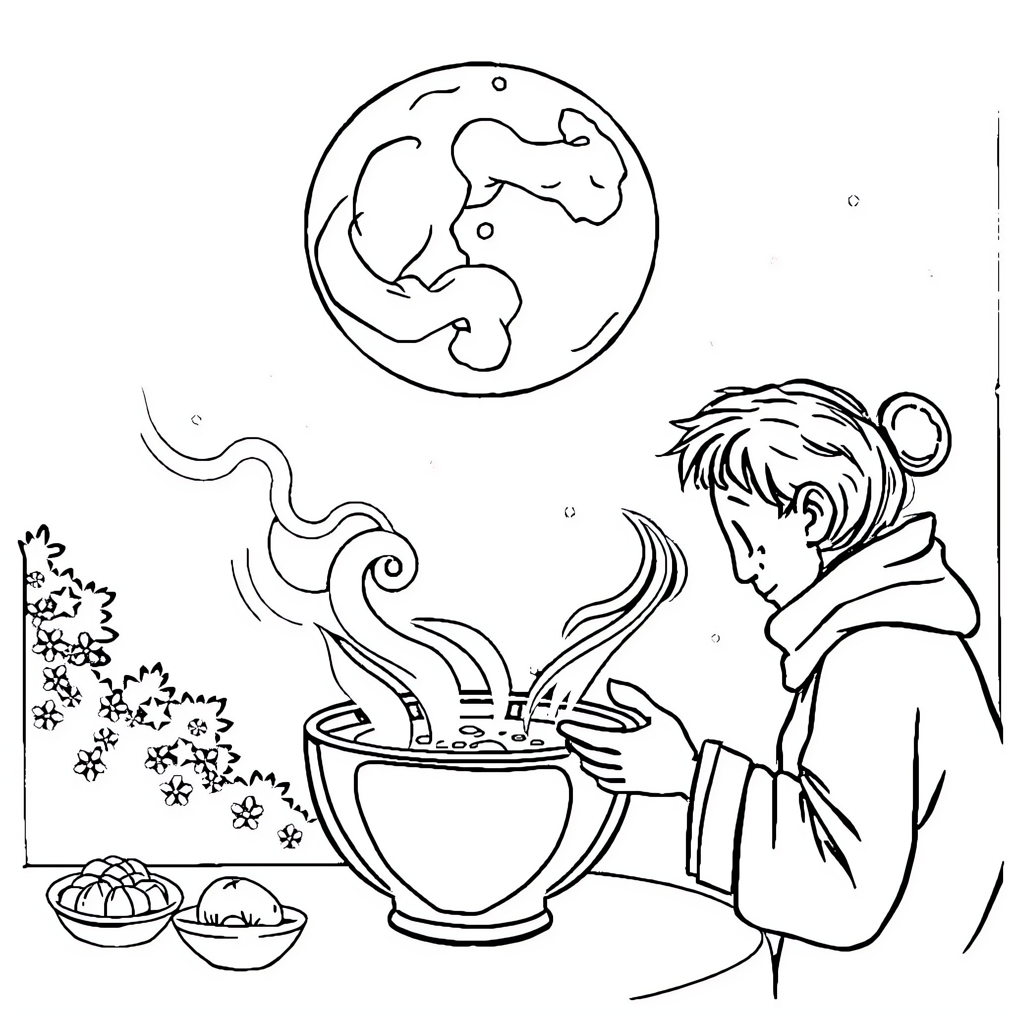 Moon warming hands by hot beverage on snowy night Coloring Page (free black-and-white line drawing printable PDF for all, from beginners to advanced learners, including children, teens, adults, and seniors)