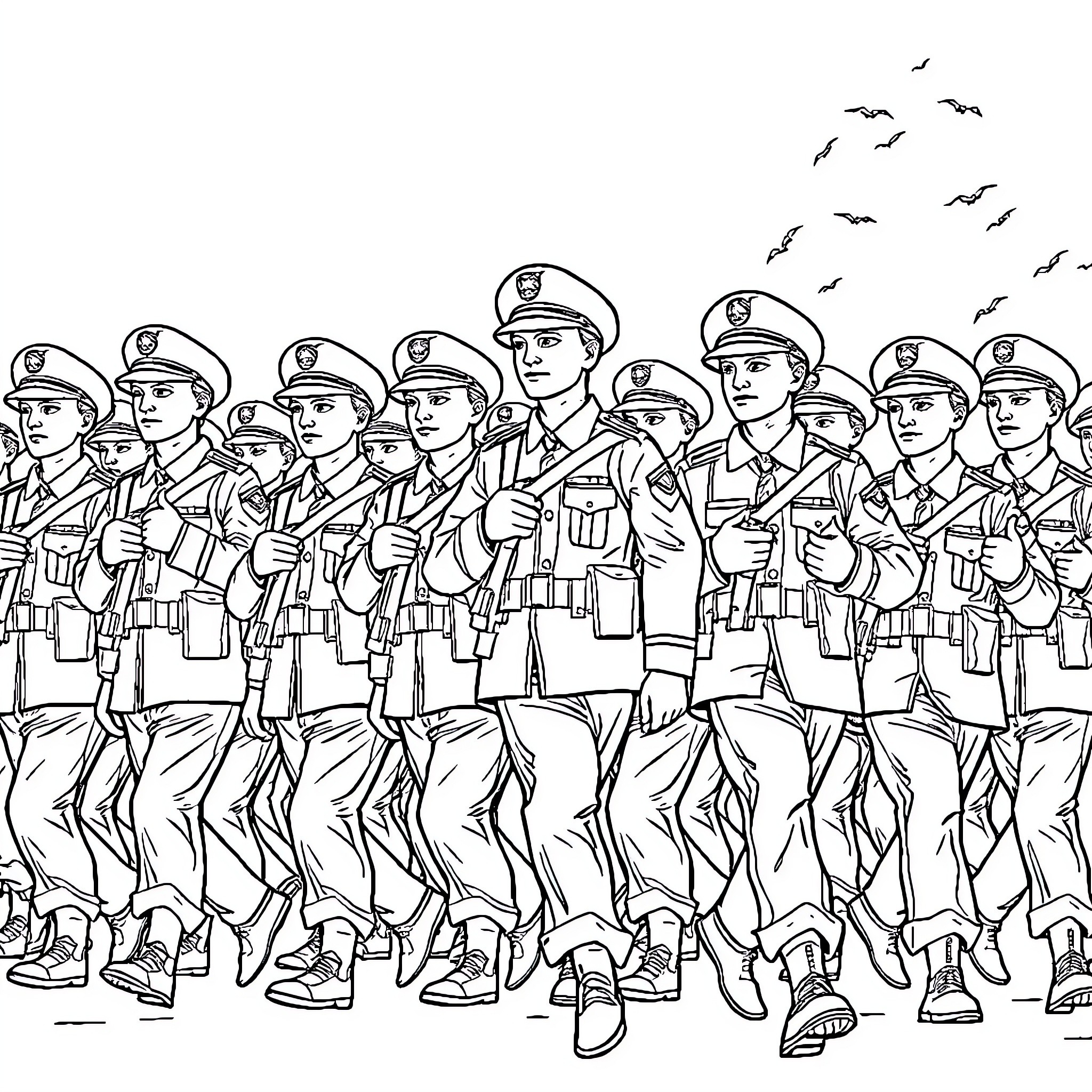 Military Troops in Uniform Marching with Discipline Coloring Page (free black-and-white line drawing printable PDF for all, from beginners to advanced learners, including children, teens, adults, and seniors)