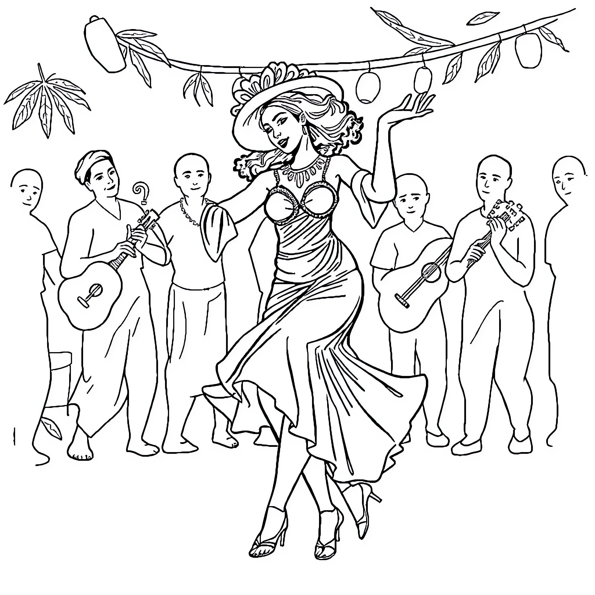Dancer in flowing dress performing for a crowd Coloring Page (free black-and-white line drawing printable PDF for all, from beginners to advanced learners, including children, teens, adults, and seniors)