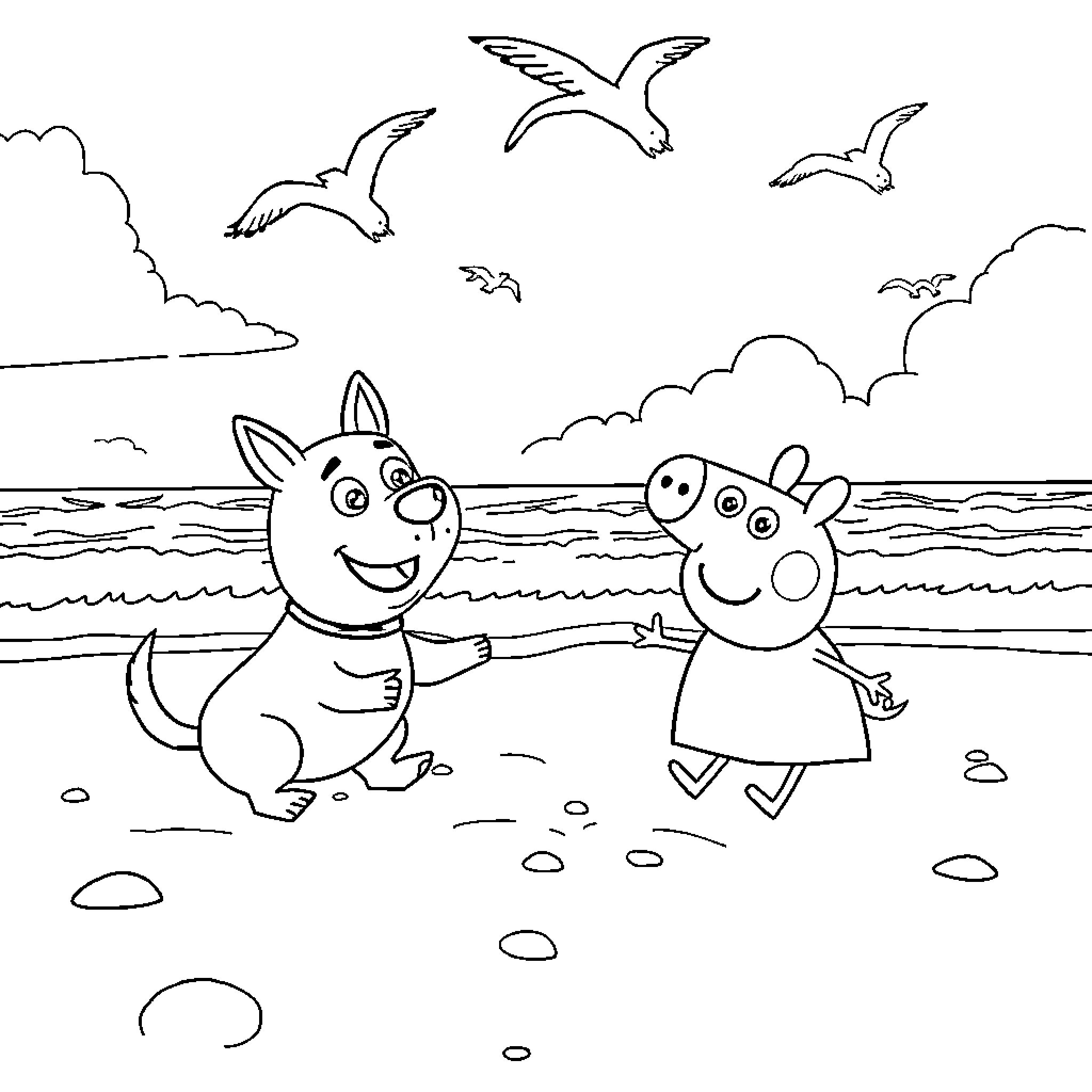 Dog and Pig Playing on the Beach Coloring Page (free black-and-white line drawing printable PDF for all, from beginners to advanced learners, including children, teens, adults, and seniors)