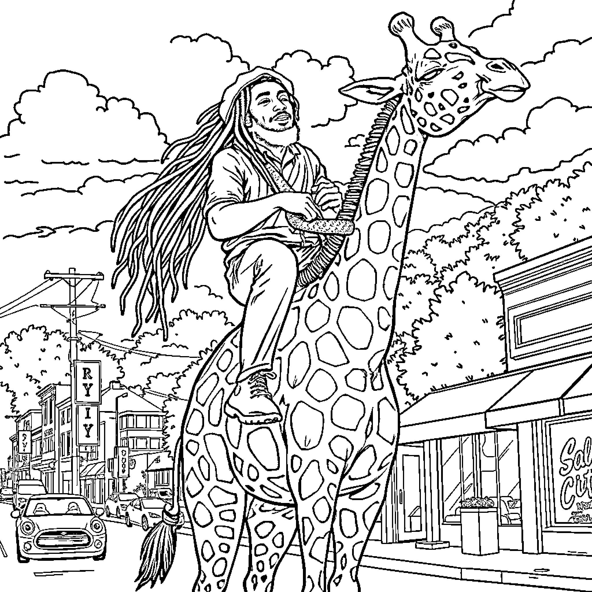 Bob Marley riding a giraffe through a colorful city Coloring Page (free black-and-white line drawing printable PDF for all, from beginners to advanced learners, including children, teens, adults, and seniors)