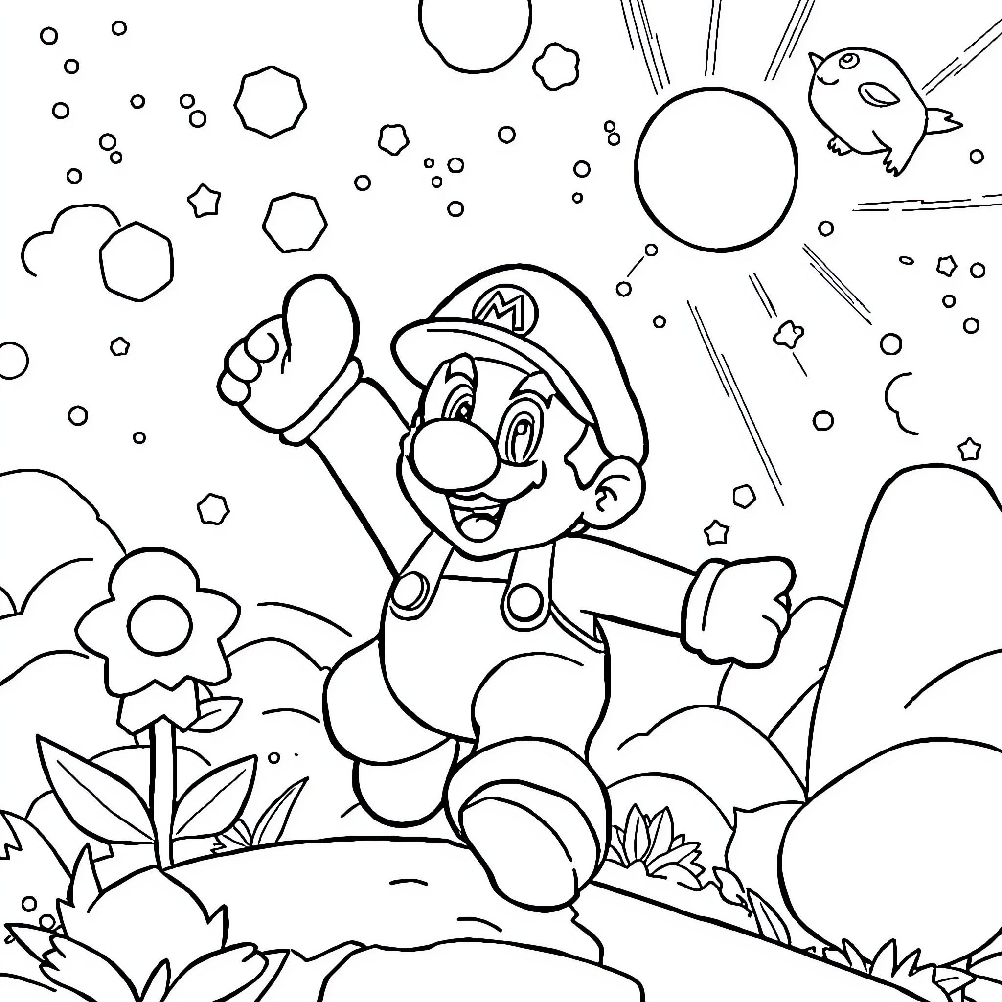 Super Mario Jumping with Joy in Magical Landscape Coloring Page (free black-and-white line drawing printable PDF for all, from beginners to advanced learners, including children, teens, adults, and seniors)