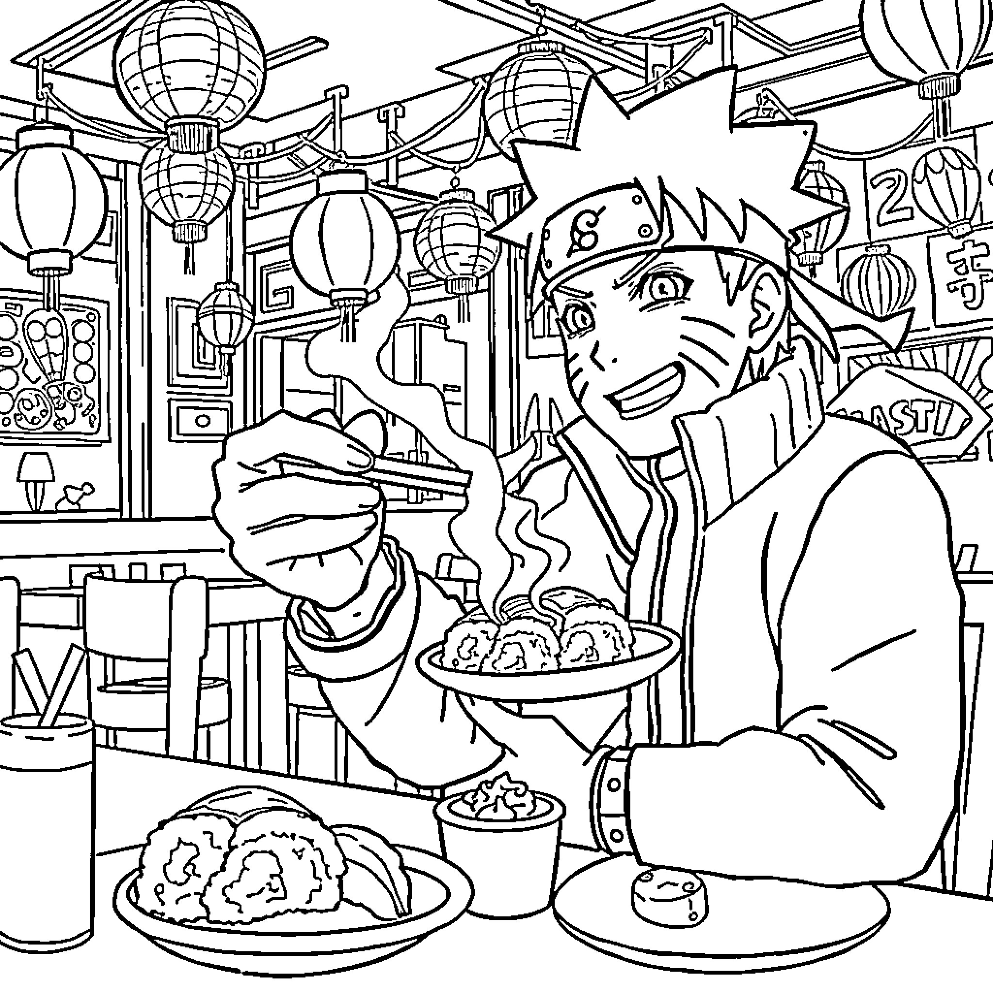 Naruto enjoying a feast in a lively Japanese marketplace Coloring Page (free black-and-white line drawing printable PDF for all, from beginners to advanced learners, including children, teens, adults, and seniors)