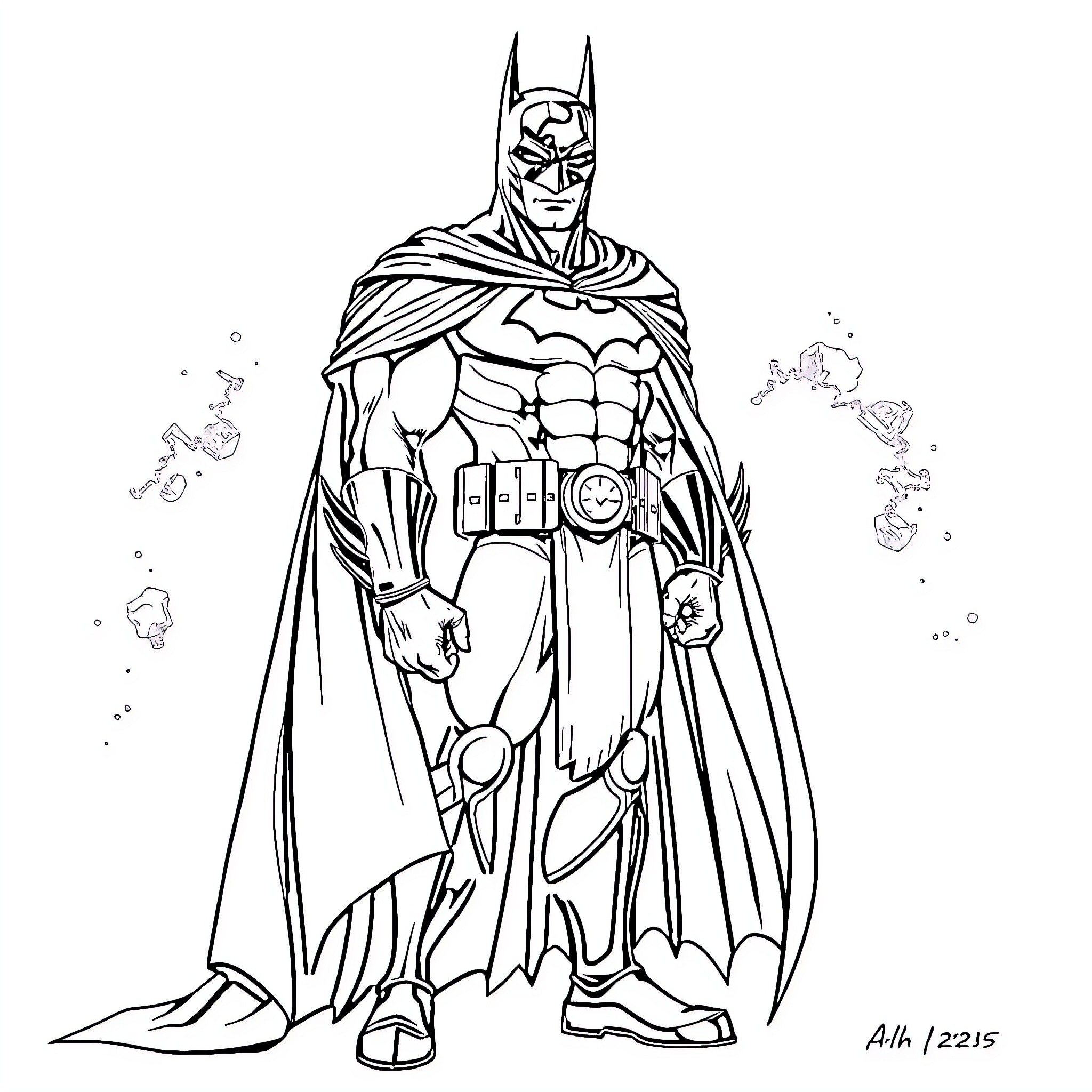 Batman in heroic action pose Coloring Page (free black-and-white line drawing printable PDF for all, from beginners to advanced learners, including children, teens, adults, and seniors)