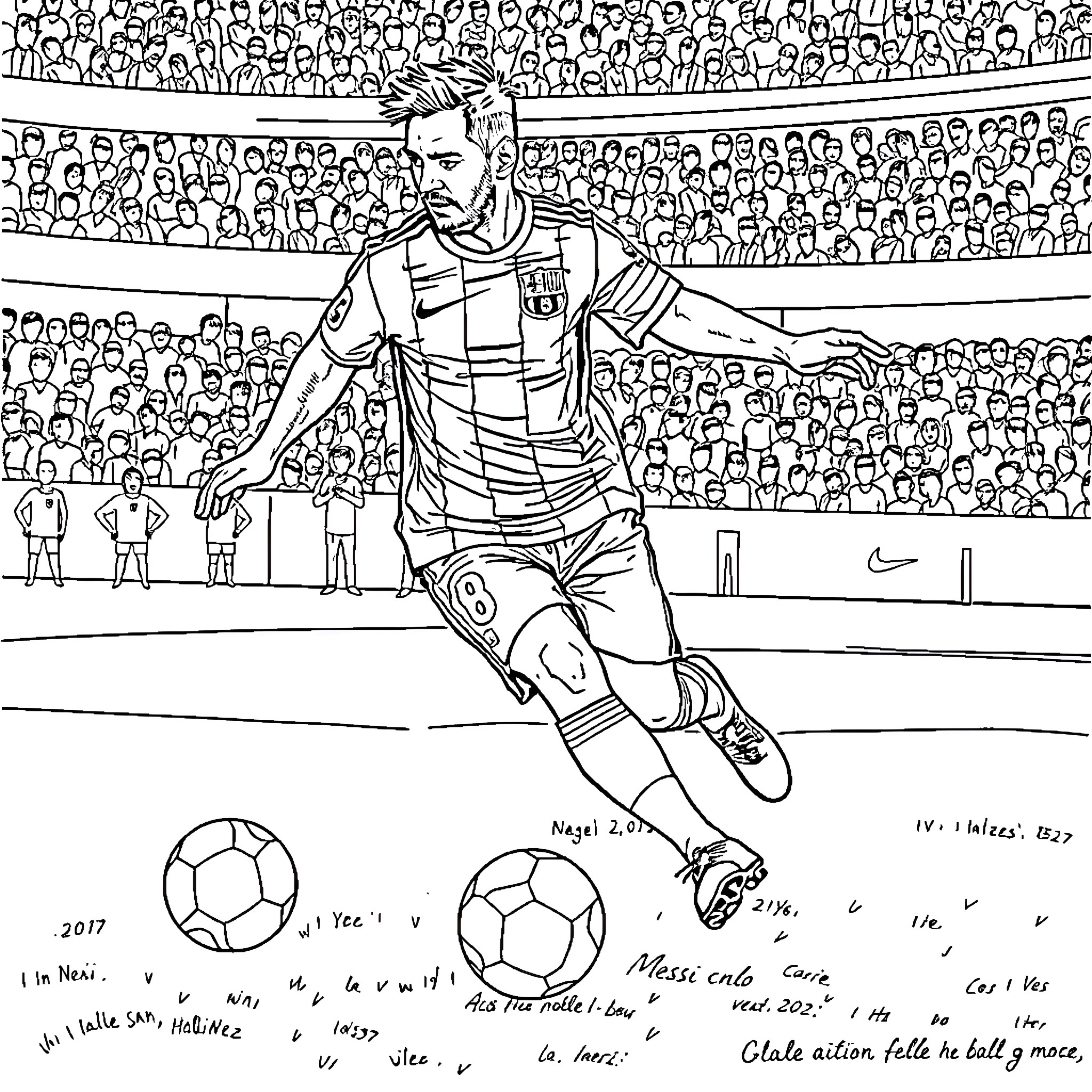 Messi playing football on the pitch with crowd Coloring Page (free black-and-white line drawing printable PDF for all, from beginners to advanced learners, including children, teens, adults, and seniors)