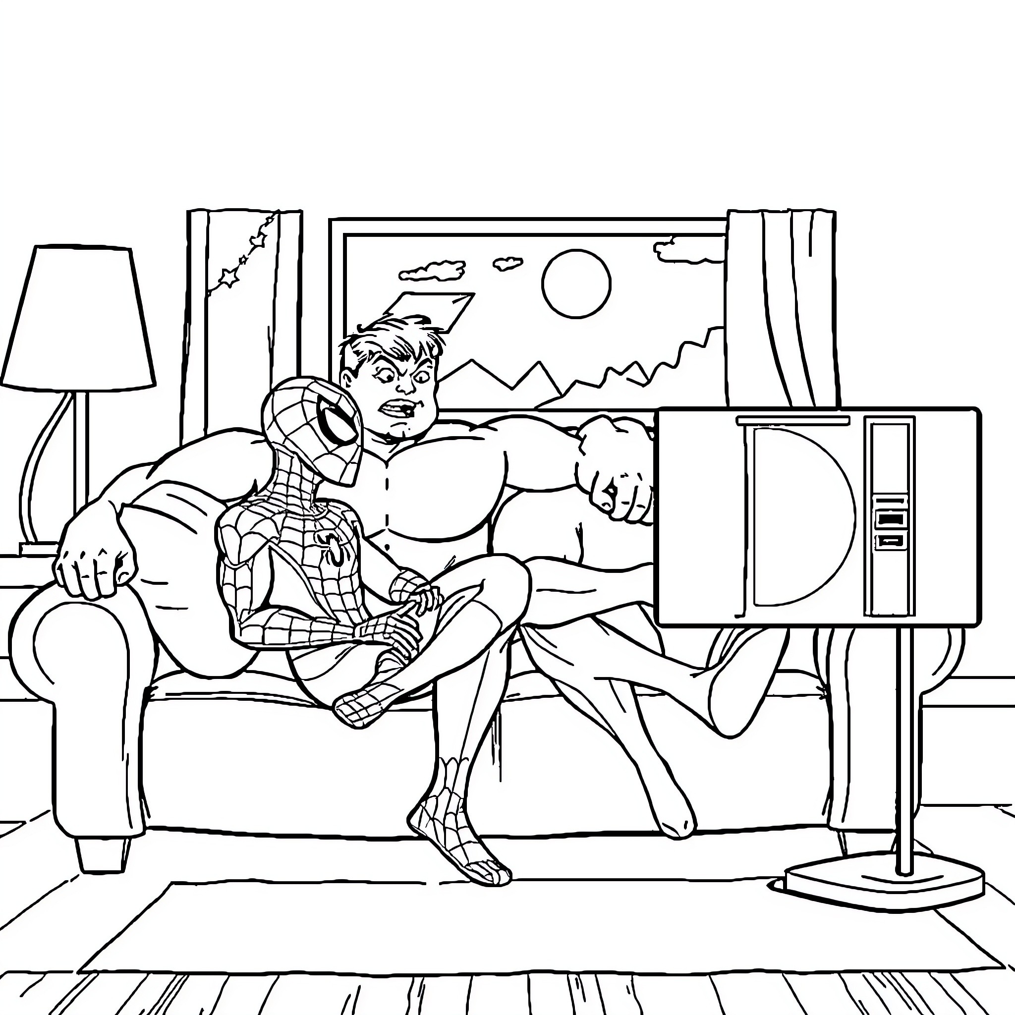 Spiderman relaxing at home on the couch Coloring Page (free black-and-white line drawing printable PDF for all, from beginners to advanced learners, including children, teens, adults, and seniors)