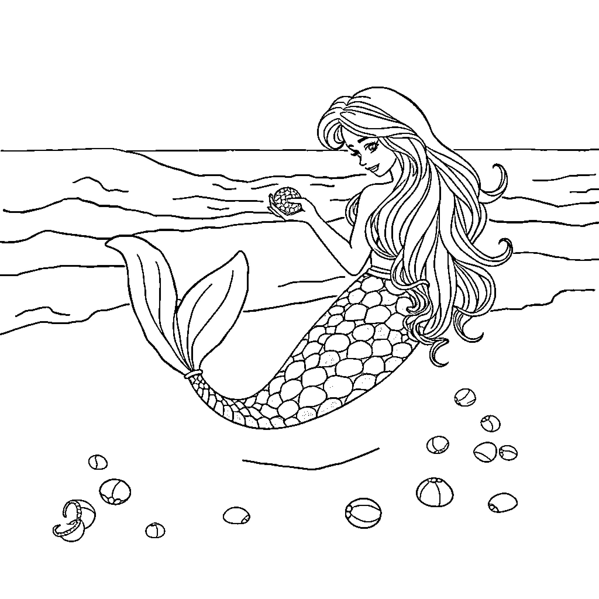 Mermaid exploring the underwater world Coloring Page (free black-and-white line drawing printable PDF for all, from beginners to advanced learners, including children, teens, adults, and seniors)