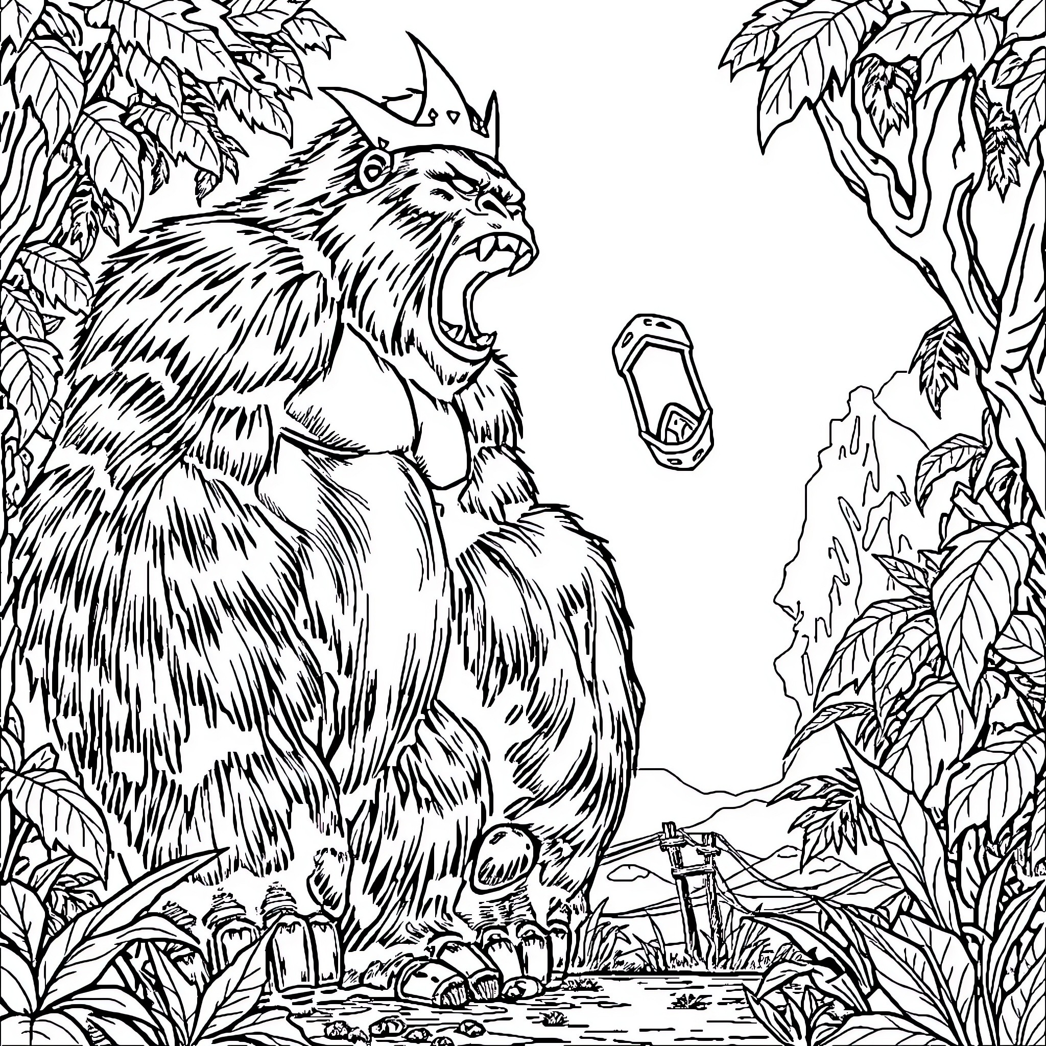 Skar the Fearsome Beast in the Enchanted Forest Coloring Page (free black-and-white line drawing printable PDF for all, from beginners to advanced learners, including children, teens, adults, and seniors)