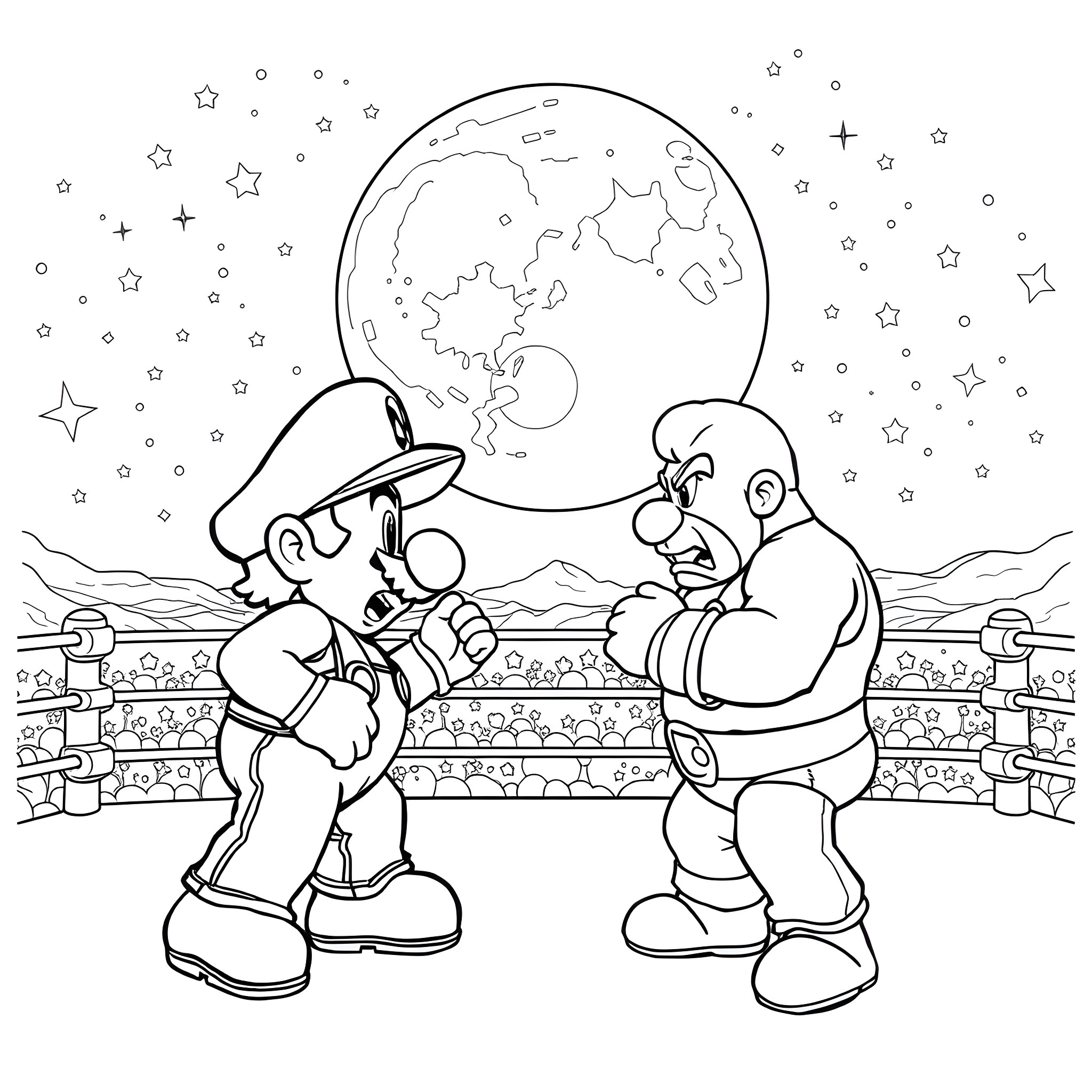 Mario's Cosmic Adventure with Plumber Friend Coloring Page (free black-and-white line drawing printable PDF for all, from beginners to advanced learners, including children, teens, adults, and seniors)