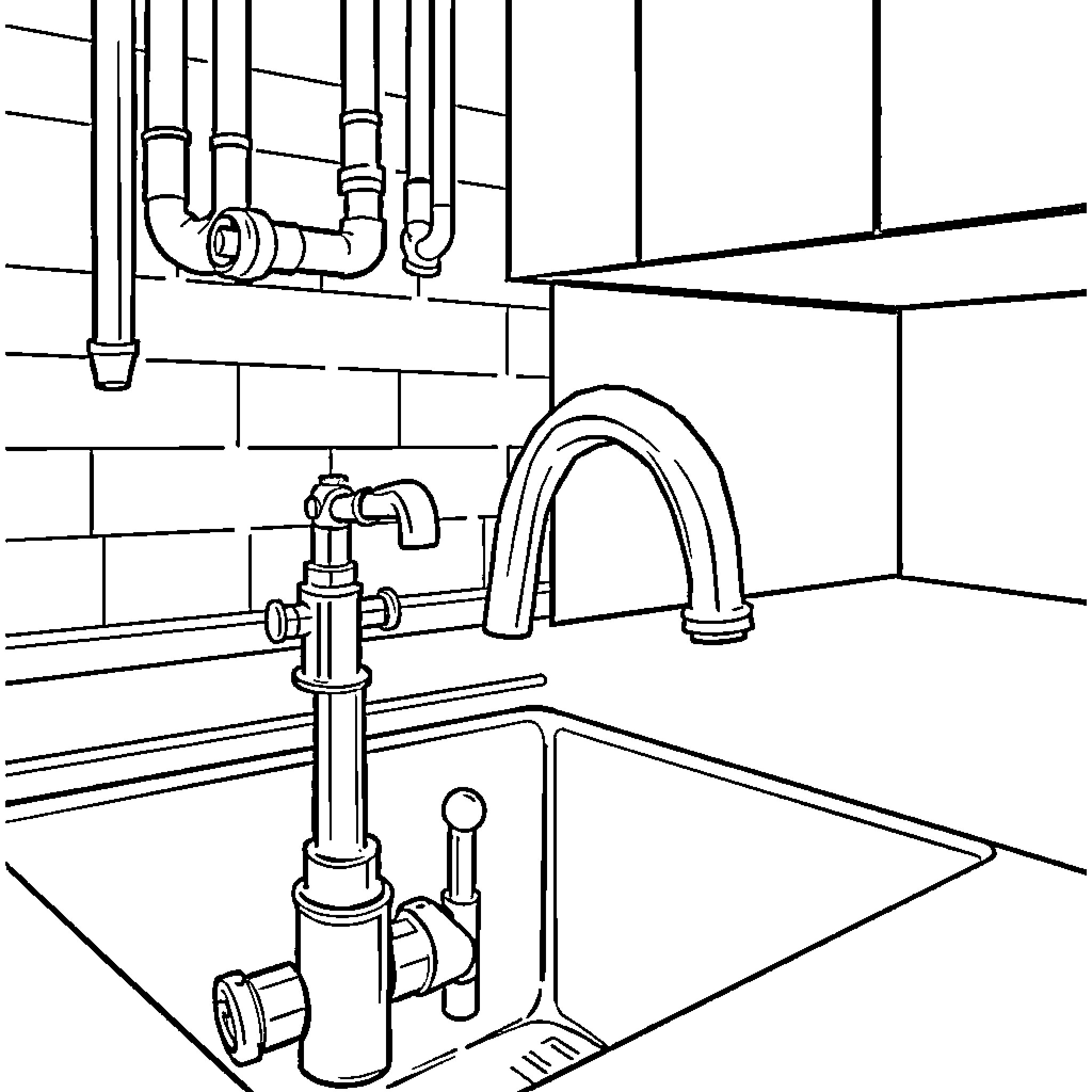 Pipe fittings and plumbing in a kitchen Coloring Page (free black-and-white line drawing printable PDF for all, from beginners to advanced learners, including children, teens, adults, and seniors)