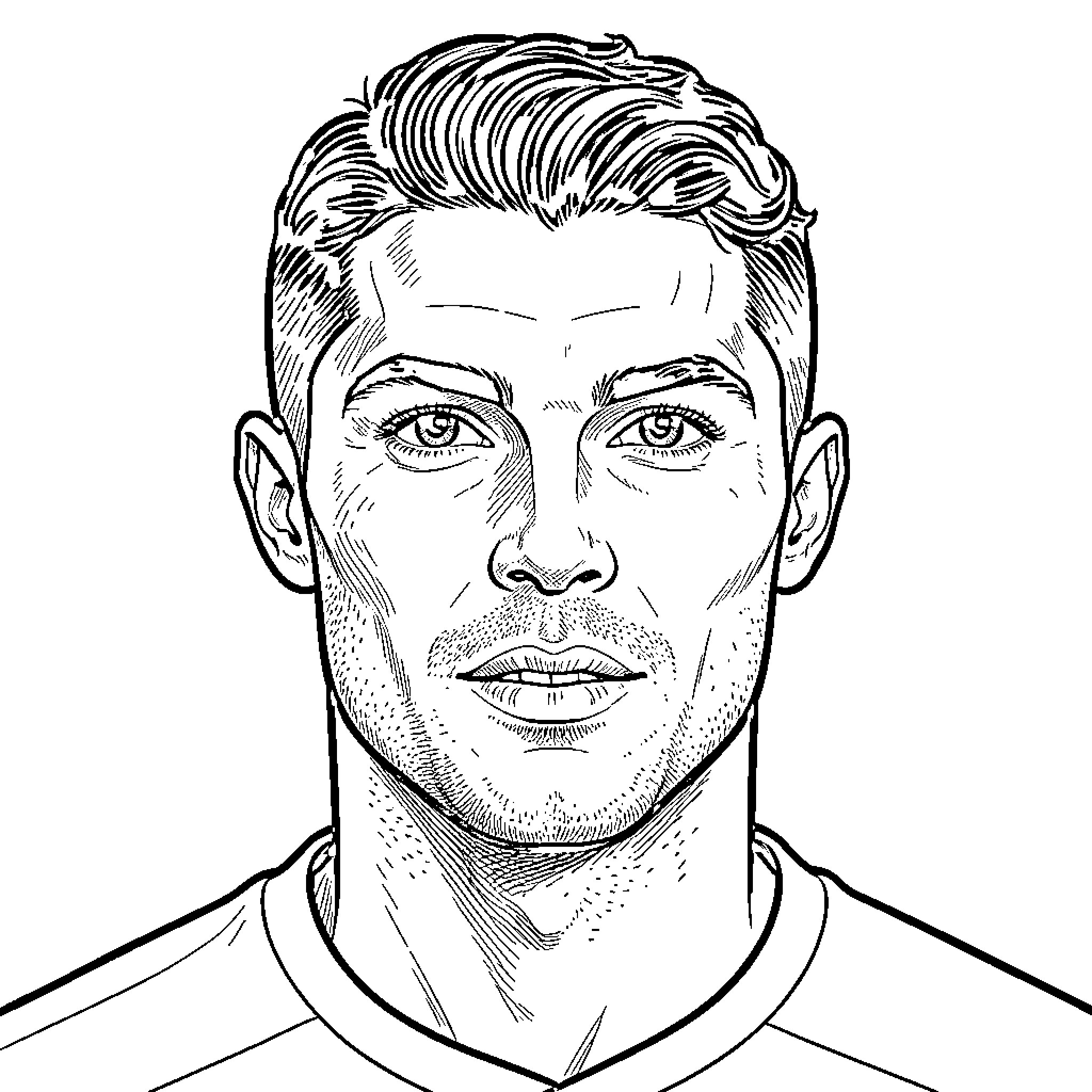 Ronaldo looking forward with a serious expression Coloring Page (free black-and-white line drawing printable PDF for all, from beginners to advanced learners, including children, teens, adults, and seniors)