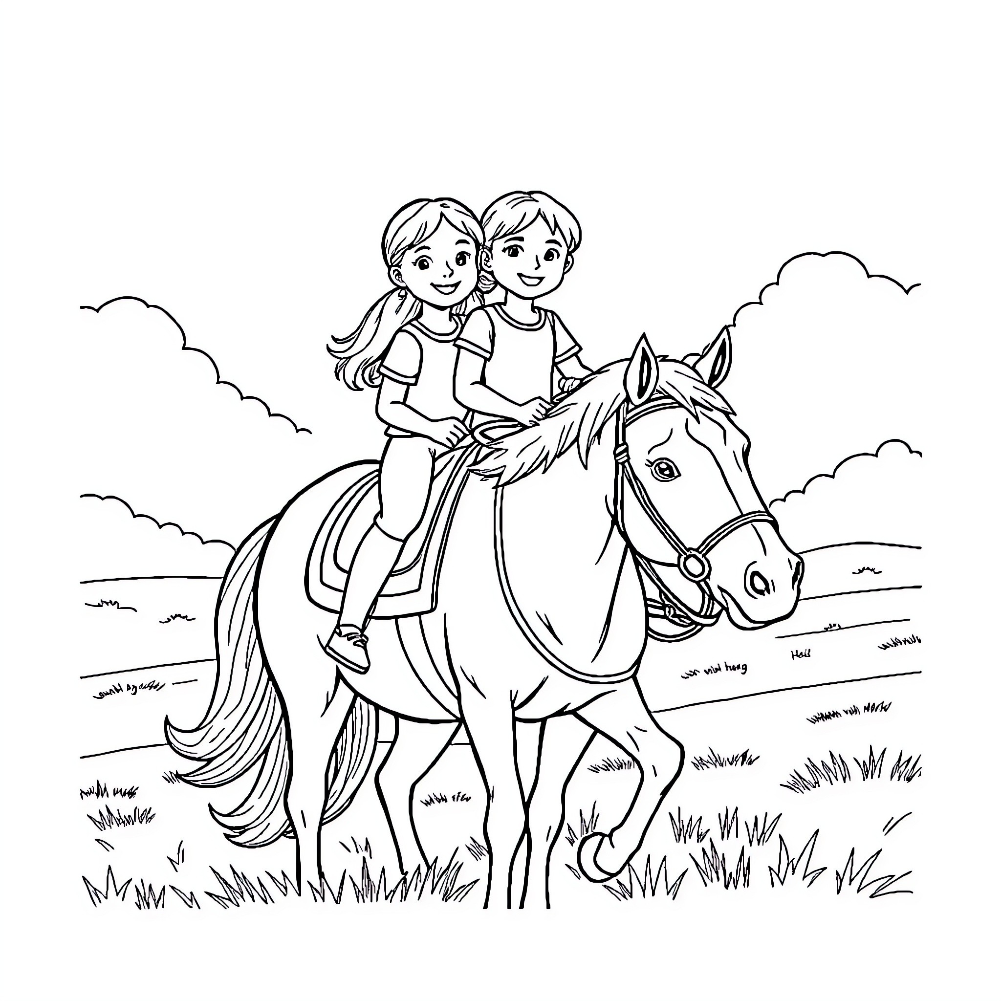 Girl Riding Horse with Friend in the Countryside Coloring Page (free black-and-white line drawing printable PDF for all, from beginners to advanced learners, including children, teens, adults, and seniors)