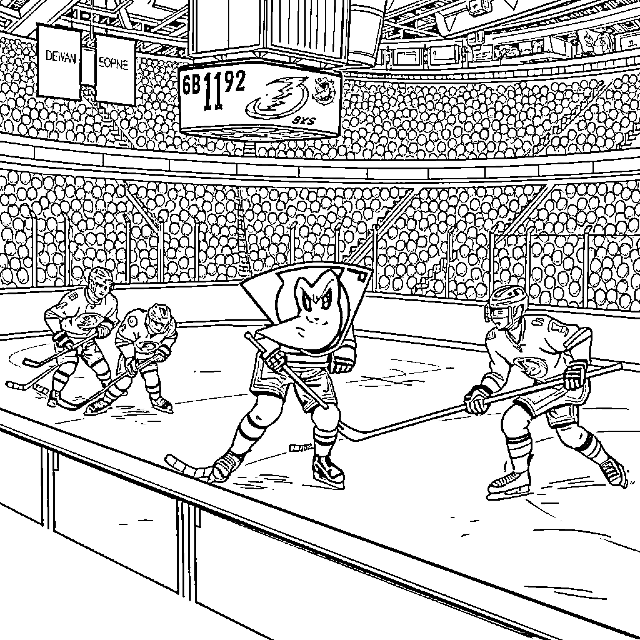 Duck hockey players competing on the ice Coloring Page (free black-and-white line drawing printable PDF for all, from beginners to advanced learners, including children, teens, adults, and seniors)