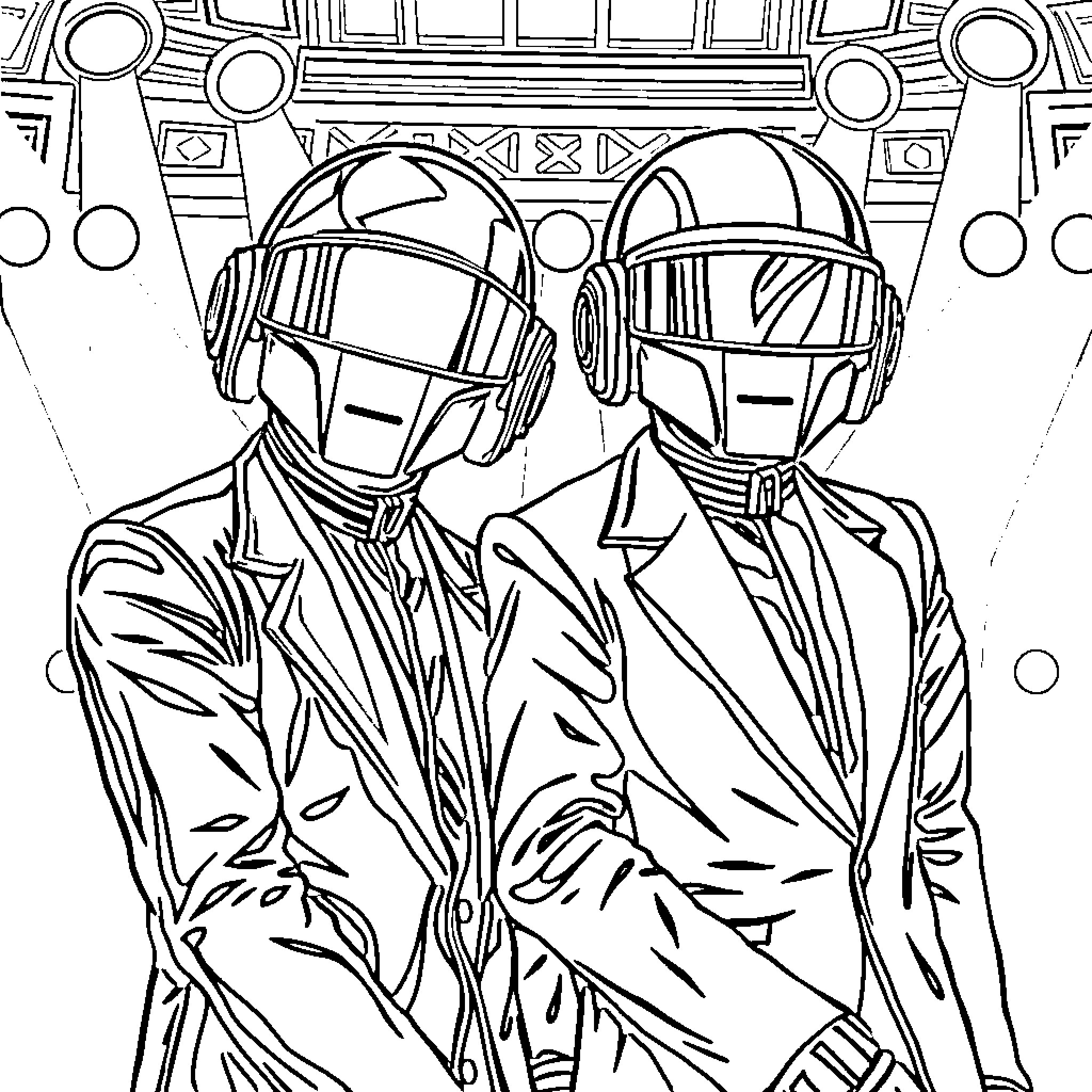Daft Punk's futuristic personas Coloring Page (free black-and-white line drawing printable PDF for all, from beginners to advanced learners, including children, teens, adults, and seniors)