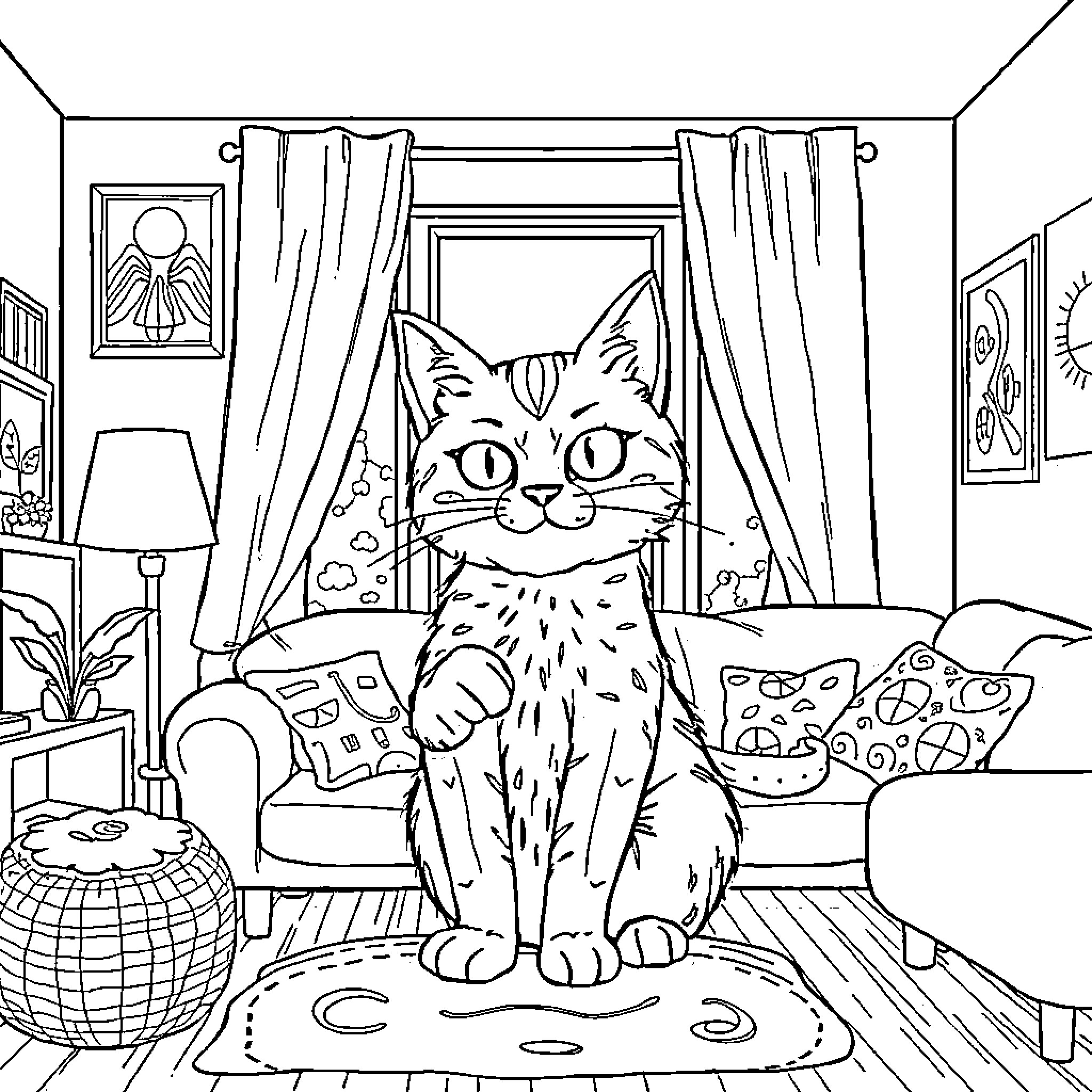 Котик relaxing in cozy home environment Coloring Page (free black-and-white line drawing printable PDF for all, from beginners to advanced learners, including children, teens, adults, and seniors)