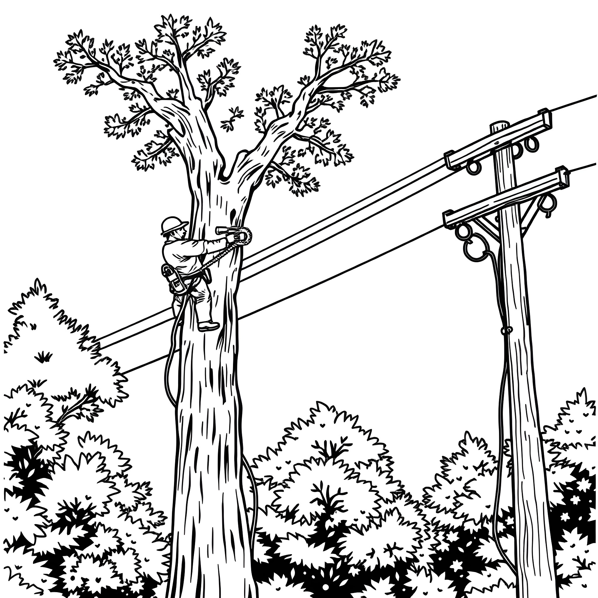 Tree Trimmer Cutting Branches with Hydraulic Saw Coloring Page (free black-and-white line drawing printable PDF for all, from beginners to advanced learners, including children, teens, adults, and seniors)