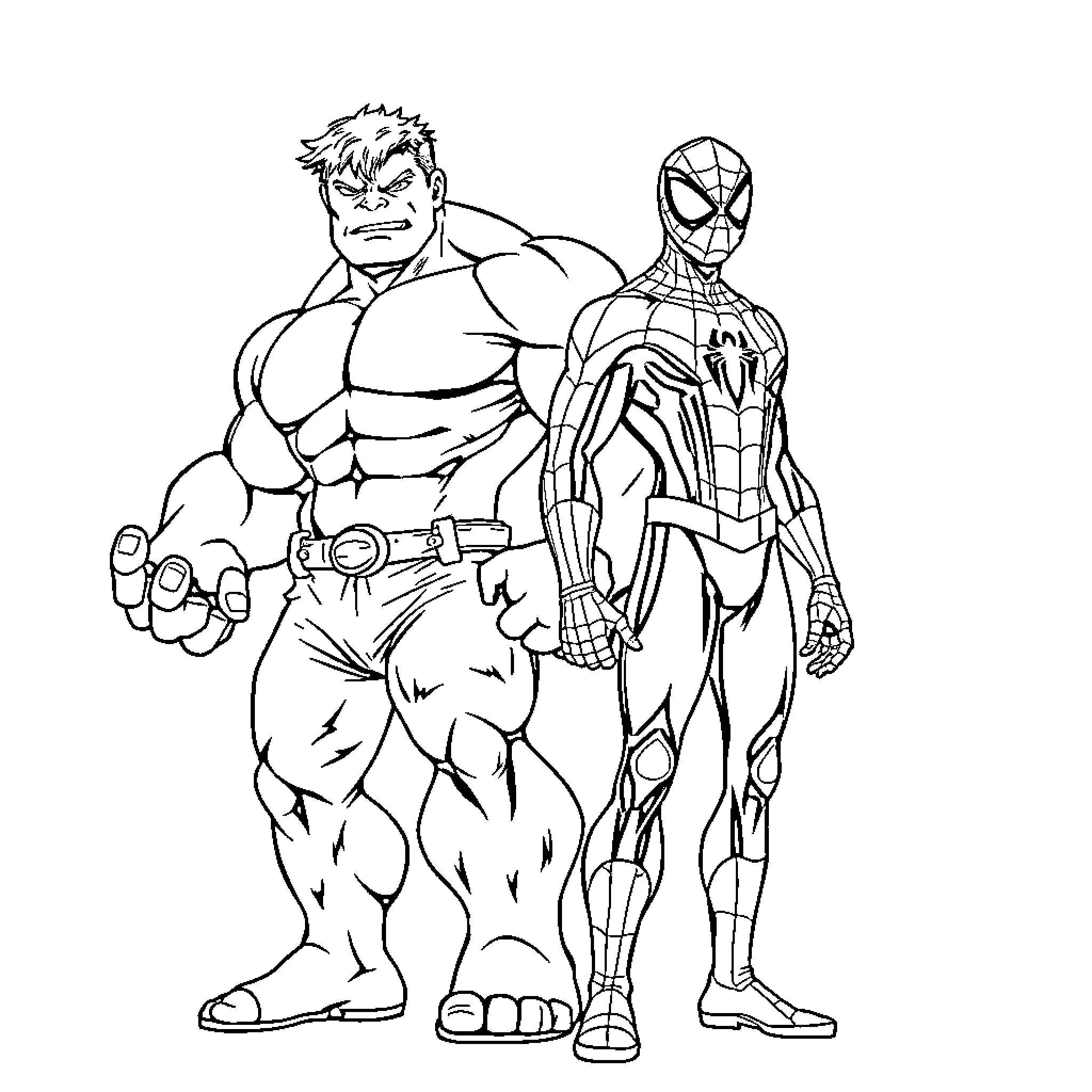 Hulk and Spider-Man team up in action Coloring Page (free black-and-white line drawing printable PDF for all, from beginners to advanced learners, including children, teens, adults, and seniors)