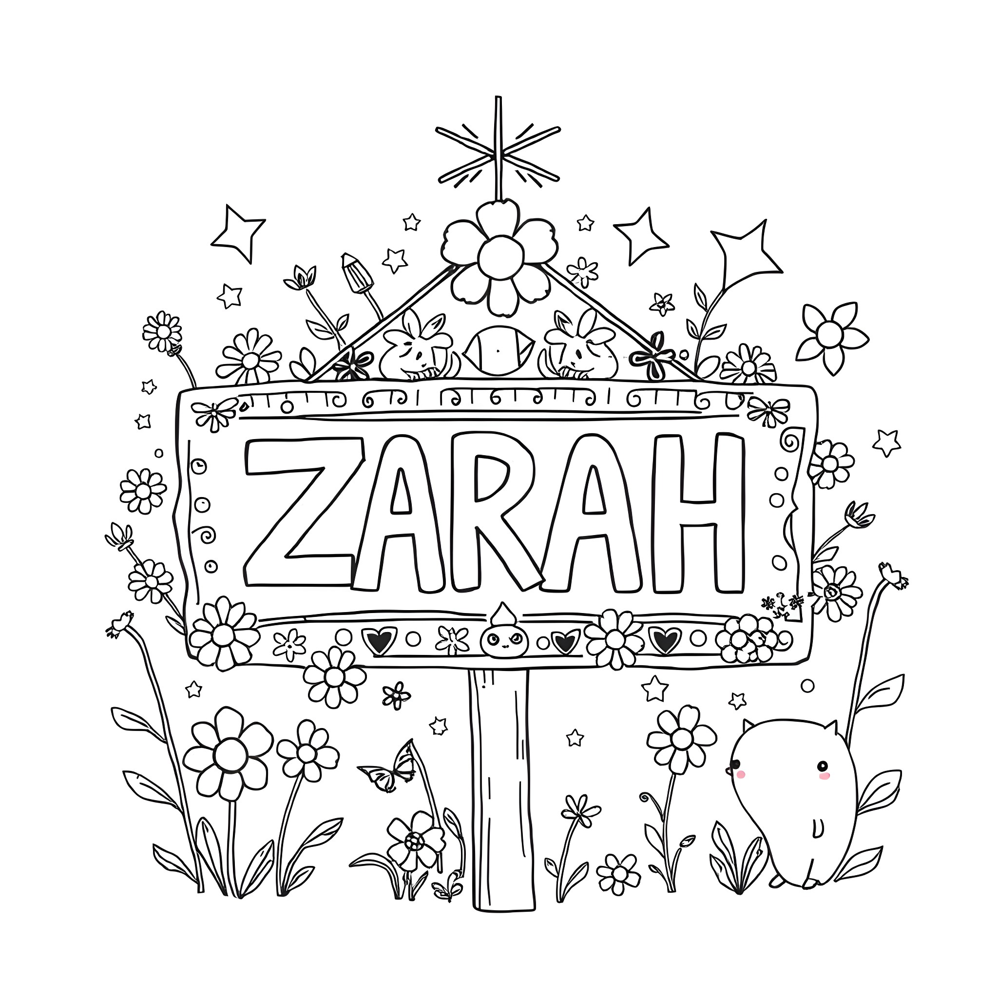 Zarah's floral adventure with nature and stars Coloring Page (free black-and-white line drawing printable PDF for all, from beginners to advanced learners, including children, teens, adults, and seniors)