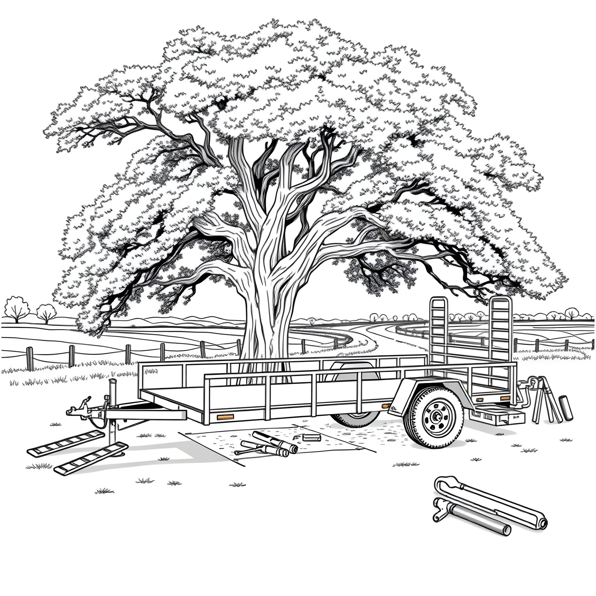 Car Trailer with Scenic Landscape and Tools Coloring Page (free black-and-white line drawing printable PDF for all, from beginners to advanced learners, including children, teens, adults, and seniors)