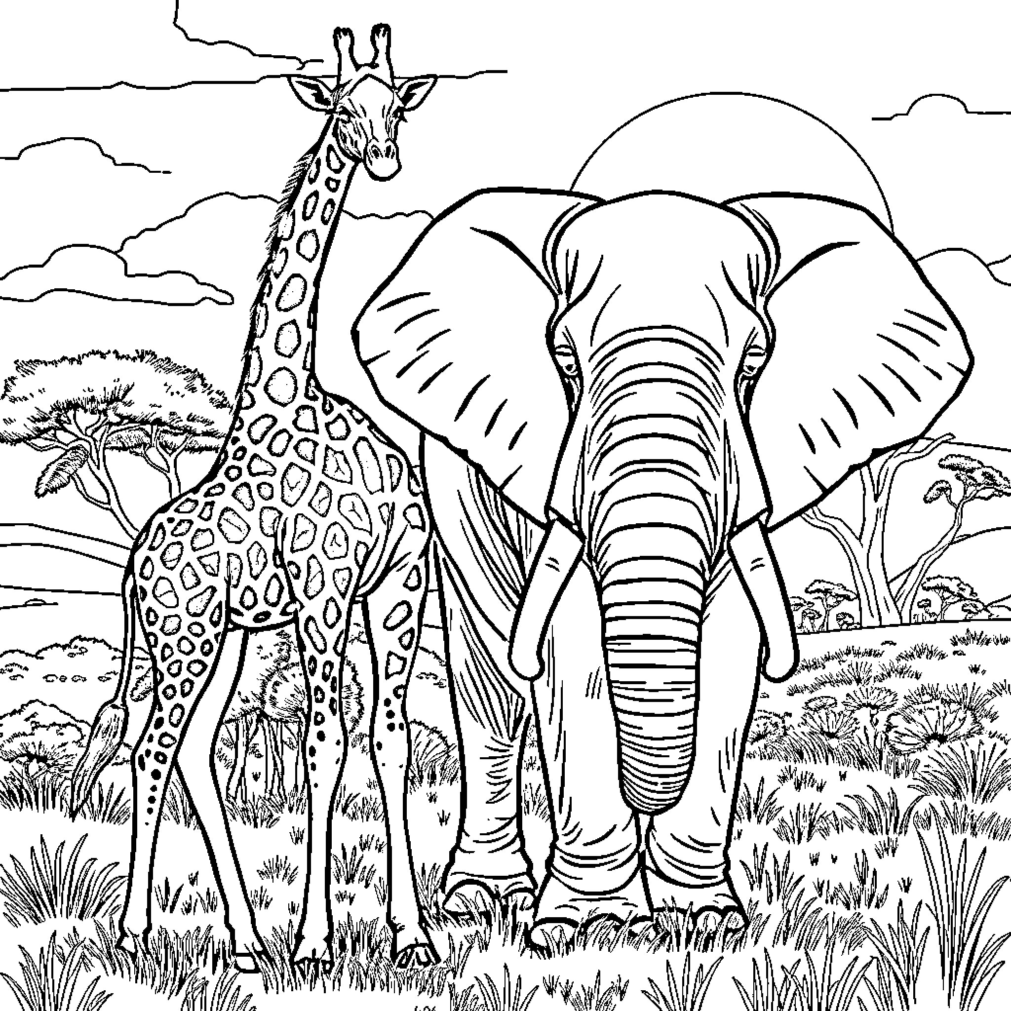 Giraffe and Elephant in Serene African Landscape Coloring Page (free black-and-white line drawing printable PDF for all, from beginners to advanced learners, including children, teens, adults, and seniors)
