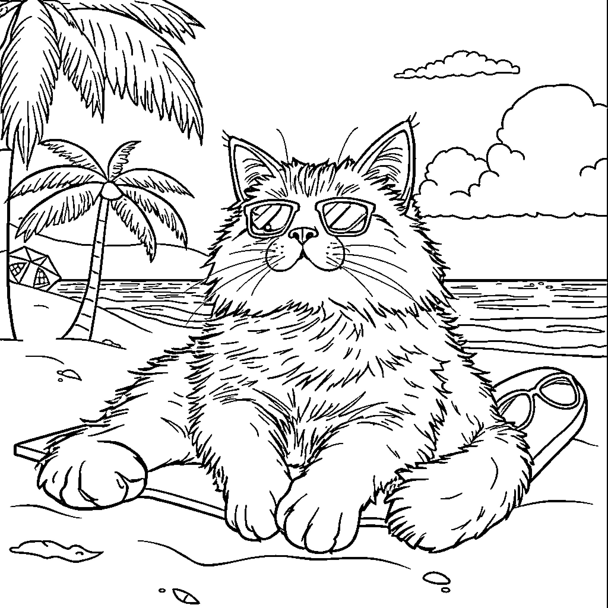 Cat relaxing on the beach with sunglasses Coloring Page (free black-and-white line drawing printable PDF for all, from beginners to advanced learners, including children, teens, adults, and seniors)