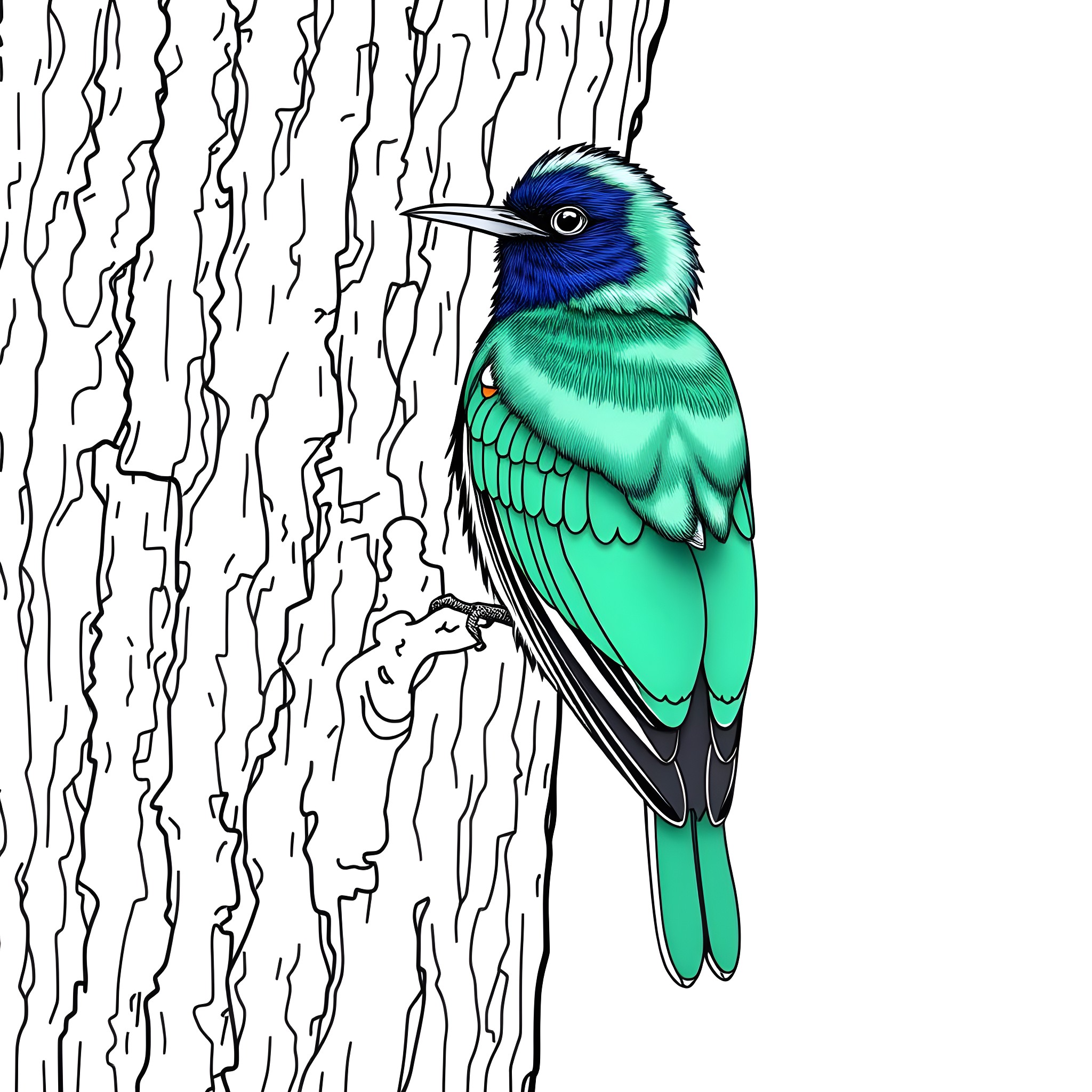 Bird perched on a textured tree bark Coloring Page (free black-and-white line drawing printable PDF for all, from beginners to advanced learners, including children, teens, adults, and seniors)