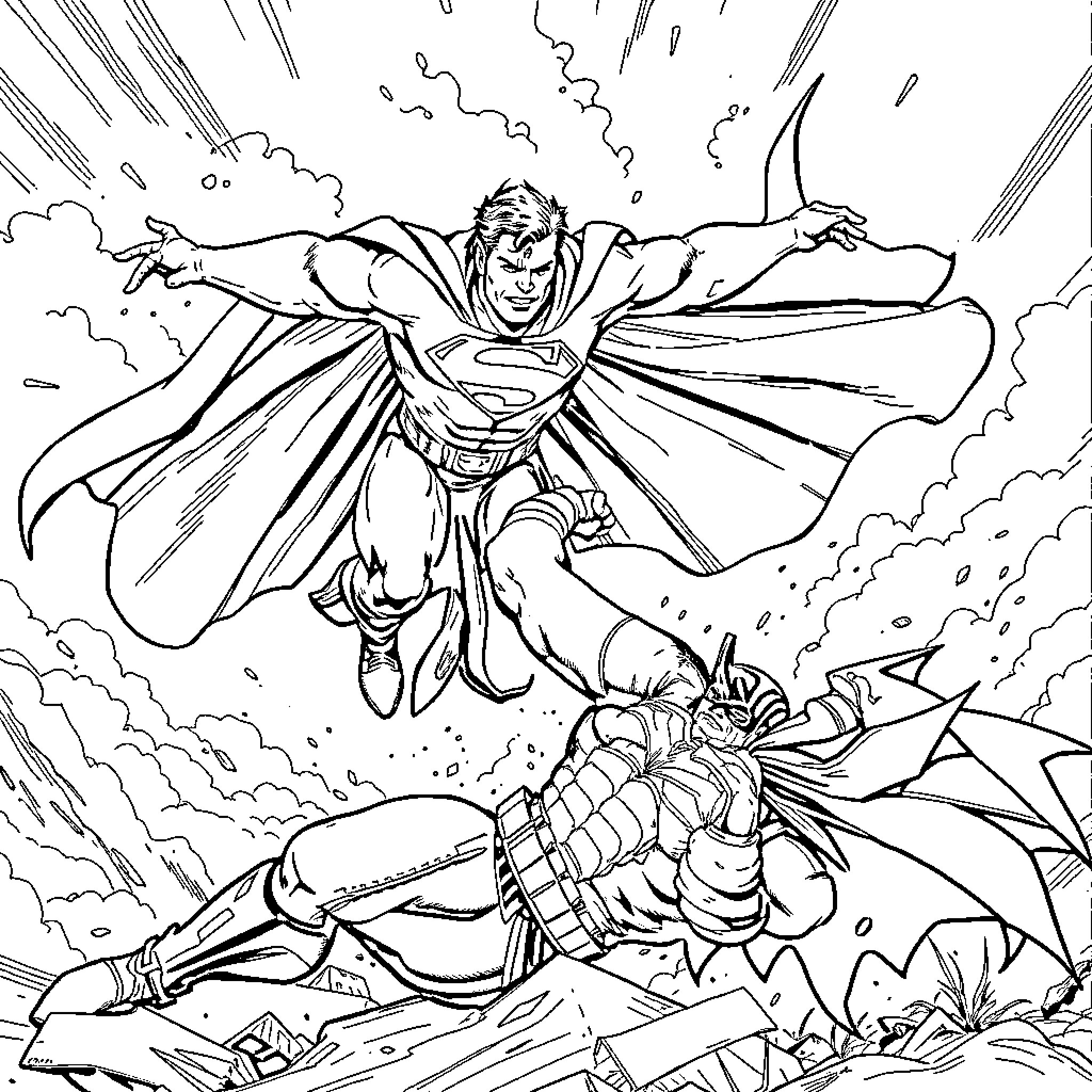 Superman soaring into action against a fierce foe Coloring Page (free black-and-white line drawing printable PDF for all, from beginners to advanced learners, including children, teens, adults, and seniors)