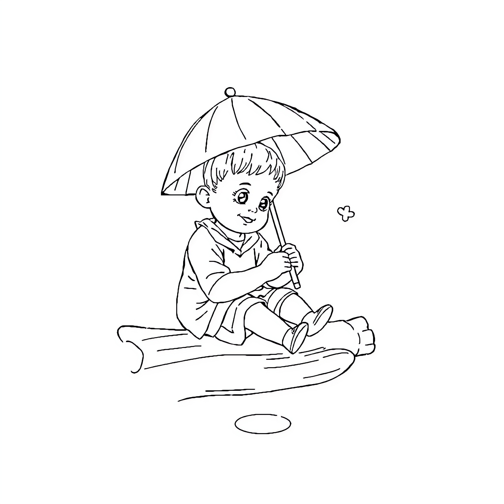 Swing under the umbrella by a smiling child Coloring Page (free black-and-white line drawing printable PDF for all, from beginners to advanced learners, including children, teens, adults, and seniors)