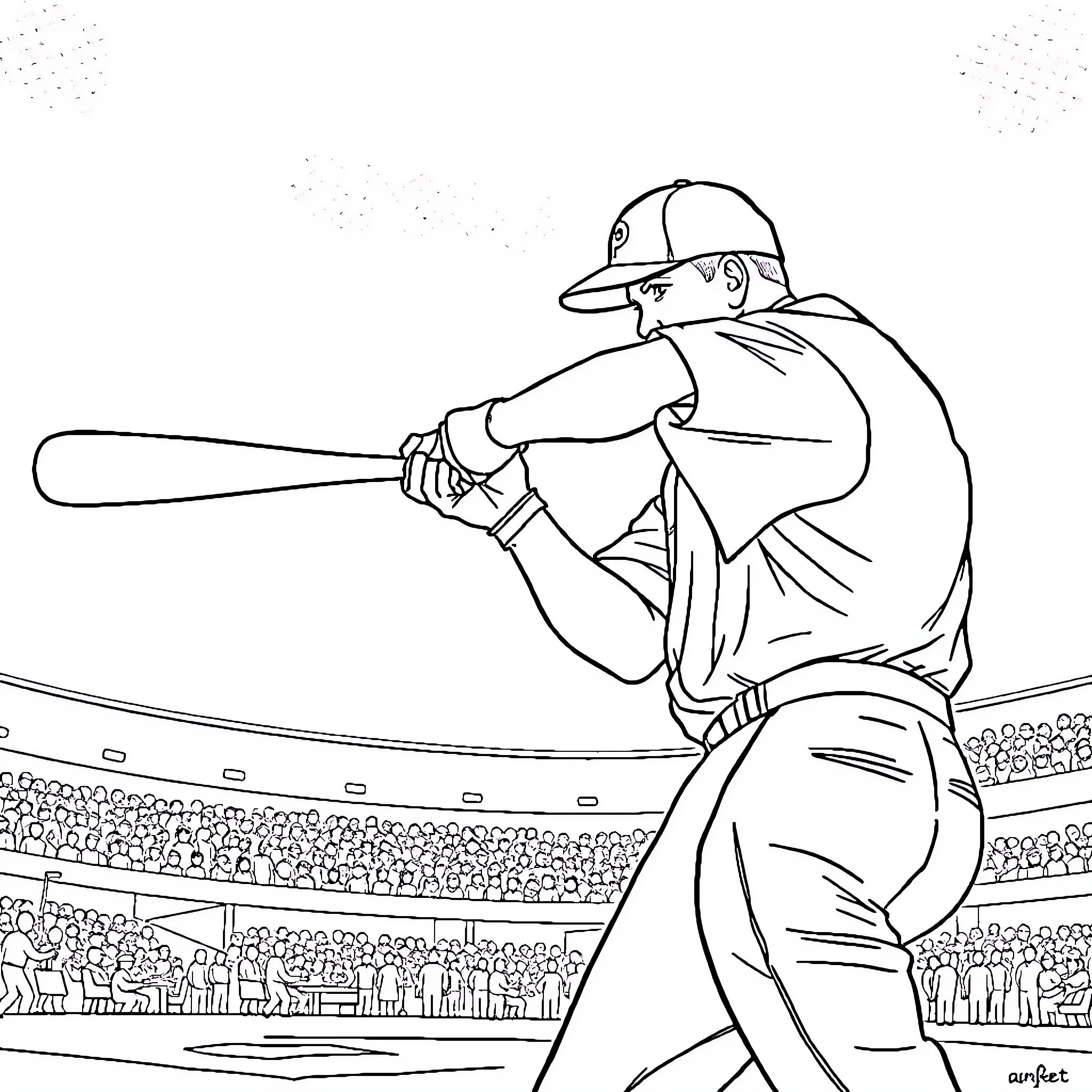 Plumber batting enthusiastically in baseball game Coloring Page (free black-and-white line drawing printable PDF for all, from beginners to advanced learners, including children, teens, adults, and seniors)